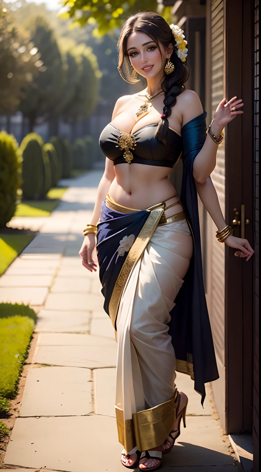 Lucy Pinder standing in a garden, flowers in hand, black braided hair, beautiful, wearing a light yelloe silk strapless bra and a transparent full sarees, wearing heavy gold ornaments, big smile, full body, trees in background,  photorealistic, High resolution