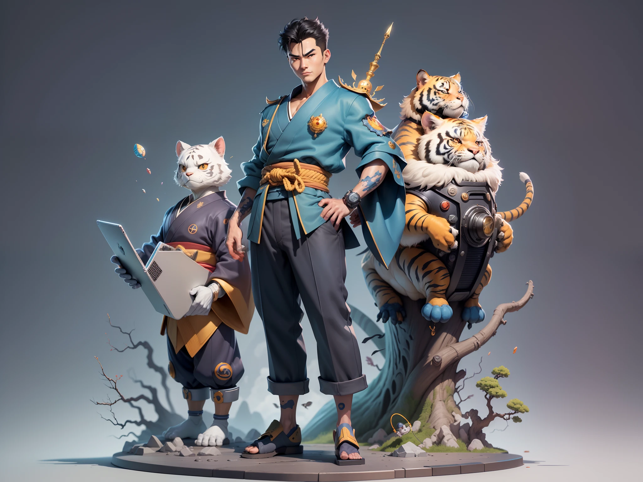 (Masterpiece), (Excellent), (Super Meticulous), (Full Body: 1.2), Super Young Man, Oriental Face, Japanese Kimono, Japanese Wind Thunder God, Dragon, Tiger, TV Anchor, Bust Portrait Illustration, Alone, Black Suit, Blue Tie, Slightly Chubby Face, Very Clean Face, No Beard, Black Super Short Hair, Black Eyes, Confident Smile, 3c Computer Sub-Products, iPad, iPhone, Digital Painting, 3D Character Design by Akira Toriyama and Mark Claireden and Pixar and Hayao Miyazaki, The illustration is a high-definition illustration in 4K resolution with very detailed facial features and cartoon-style visuals.