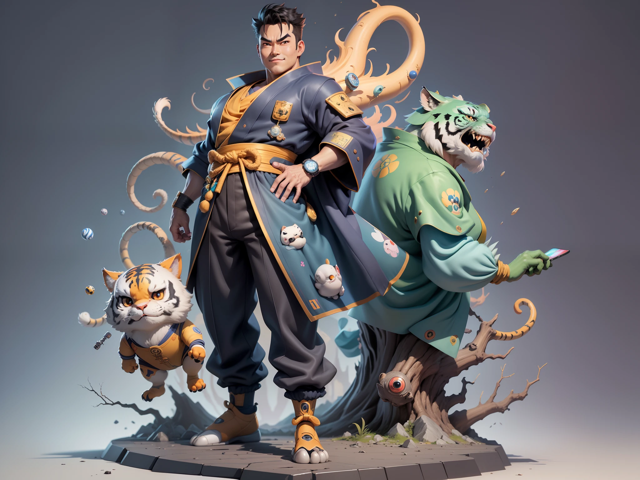 (Masterpiece), (Excellent), (Super Meticulous), (Full Body: 1.2), Super Young Man, Oriental Face, Japanese Kimono, Japanese Wind Thunder God, Dragon, Tiger, TV Anchor, Bust Portrait Illustration, Alone, Black Suit, Blue Tie, Slightly Chubby Face, Very Clean Face, No Beard, Black Super Short Hair, Black Eyes, Confident Smile, 3c Computer Sub-Products, iPad, iPhone, Digital Painting, 3D Character Design by Akira Toriyama and Mark Claireden and Pixar and Hayao Miyazaki, The illustration is a high-definition illustration in 4K resolution with very detailed facial features and cartoon-style visuals.