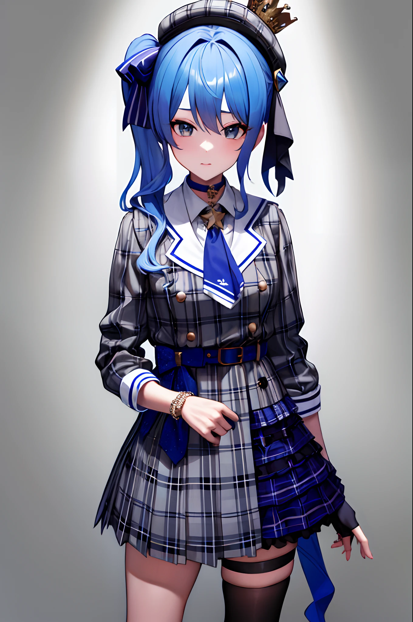 masterpiece, best quality, highres, sui1, 1girl, solo, side ponytail, hoshimachi suisei, fingerless gloves, single thighhigh, jewelry, single sock, thigh strap, bracelet, blue socks, buttons, single kneehigh, plaid dress, blue choker, blue belt, plaid skirt, mini crown, grey skirt, blue ascot, long sleeves, plaid jacket, cowboy shot,