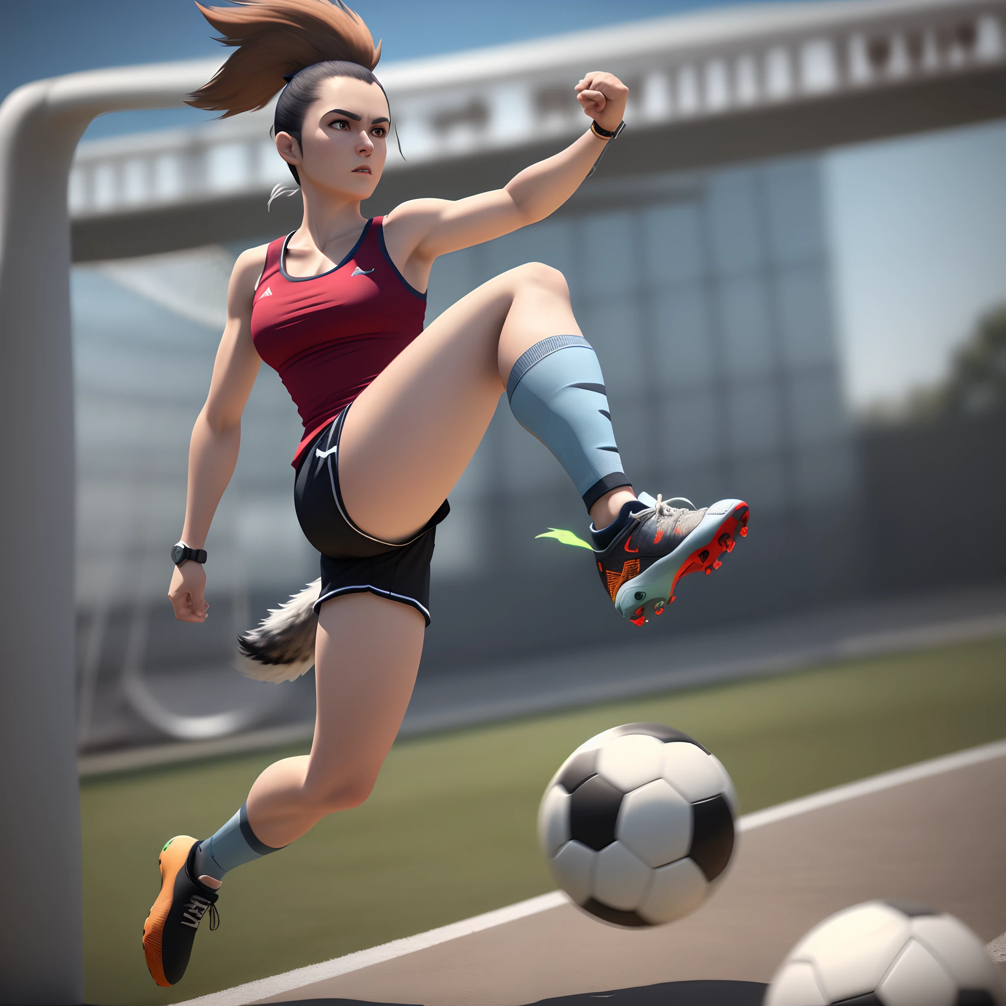NuPogodiNewWolf, (outdoors, kicking a soccer ball), (tank top, watch, shoes, tail), (masterpiece:1.2), 3D, Unreal Engine Render, hires, ultra-high resolution, 8K, high quality, (sharp focus:1.2), clean, crisp, cinematic,