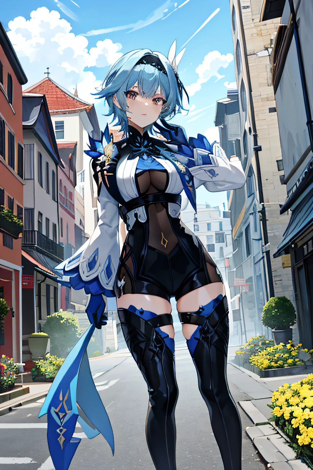 der riese，Bare legged，Much larger than a building，Fell on a building，Height 500 meters，immensity，Full body photo，extremely large bosom，ultra gigantic tits，（long whitr hair，blue  hair，blue  hair，Yellow-purple eyes））（ssmile）（with her mouth open））（（（classy girl），（Slim body）），（（blue clothes）））（shorter pants））（（sitted，））（（Clearly drawn face））（（美丽细致的眼睛，super detailed skin））（（trpical garden，exteriors））BRAEK （Magazines：1.1）， （Cover style：1.3）， Fashionab， with dynamism， garments， posing on a， frontage， rich colourful， dyna， Background with， element in， self-assured， Expressing the， statement， fittings， A majestic， Scenes， text， Cover of a， Bold， attention-grabbing， titles， Fashionab， typeface， Catchy， titles， more big， attention-grabbing， modern day， Fashionab， focal， Fashionab