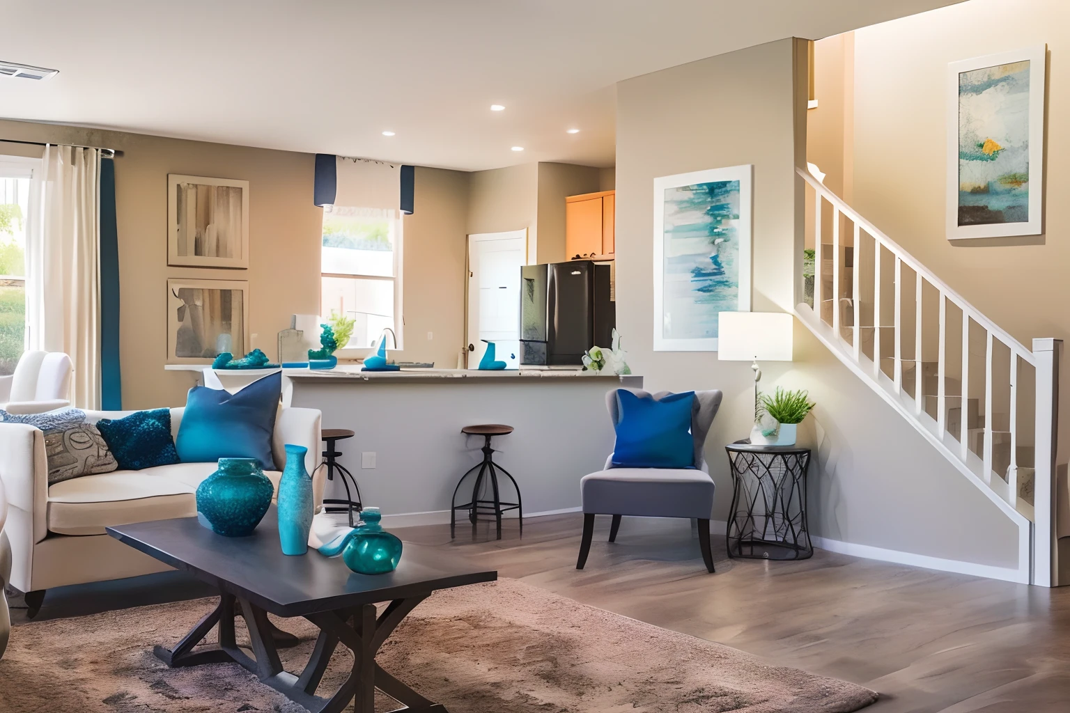 there is a living room with a couch, a chair, table and a kitchen, real estate photography, modern setting, Modern look, Home interiors, Artistic interpretation, complexdetails, house interior, living room interior, home photography portrait, model photo, interior living room, home setting, Beautiful image, Well equipped space, Good designated space