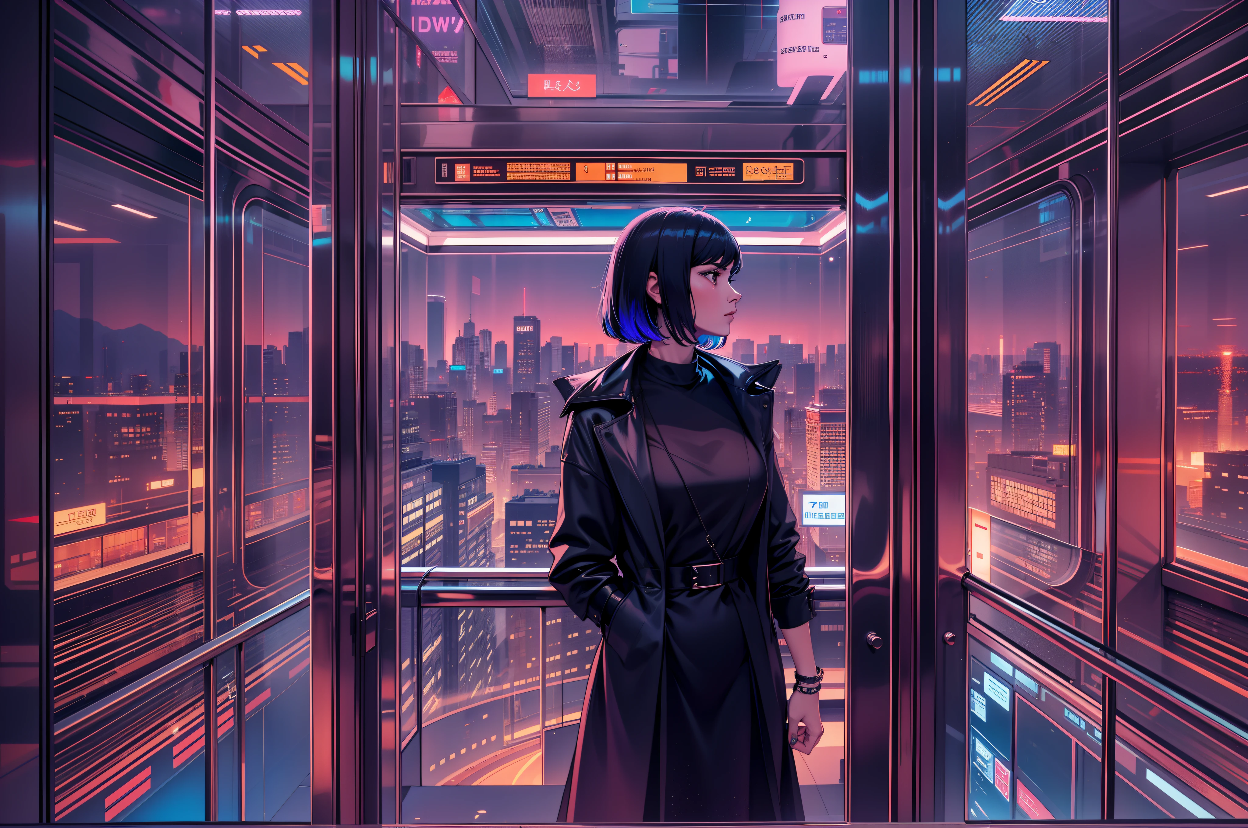 in a panoramic view,30-year-old woman with short hair and elegant standing alone in a fully transparent glass sightseeing elevator,Look in the direction of the lens,When the elevator climbs,The color of the neon lights is constantly changing on the glass,The elevator next door is descending。