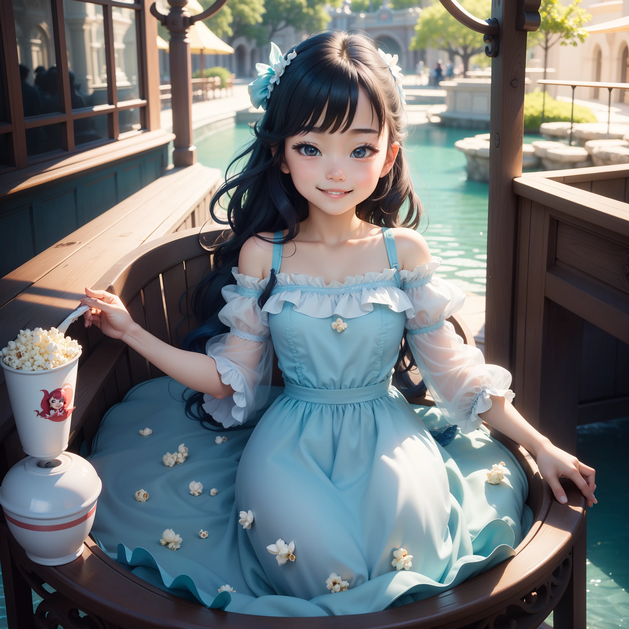 masterpiece、hight resolution、depth of fields、dynamic ungle、1girl in、Disney Parks、popcorn、The Little Mermaid Area、Light blue hairstyle、Bomao、a smile