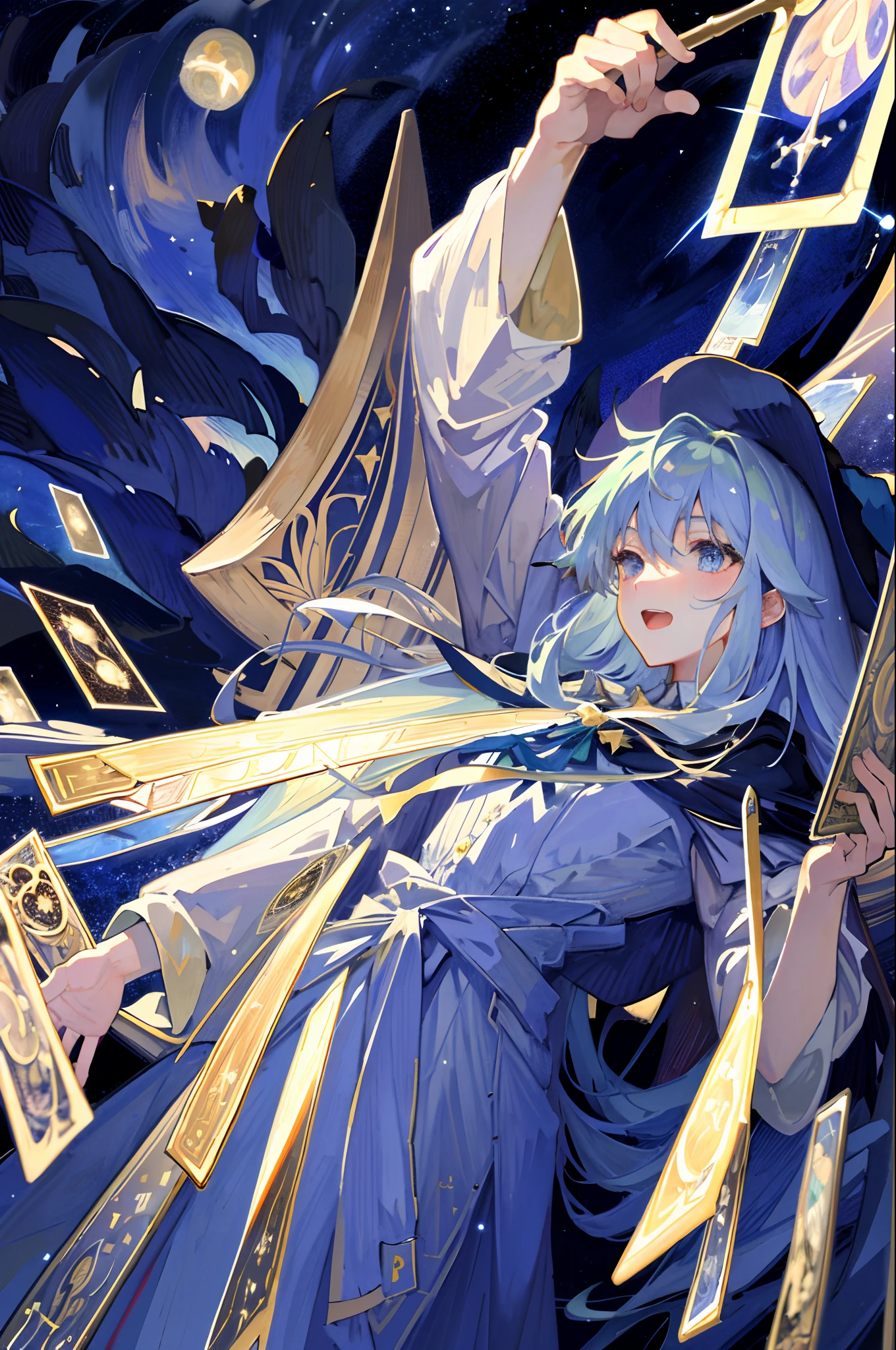 ((Masterpiece:1.2, Best quality)), 1girll, Solo, (Witch hat), Blonde hair, Long hair, dress, aurora, Night, Star (sky), mitts, sky, White dress, Night sky, Open mouth, Starry sky, Blue eyes, ribbon, Very long hair, Red dress, Smile, Hair ribbon, Cape, Blue hair, (Bird), magic, casting spell, Dark clouds, Night, (Impressionism:1.4), (tarot:1.3), Alphonse Mucha,