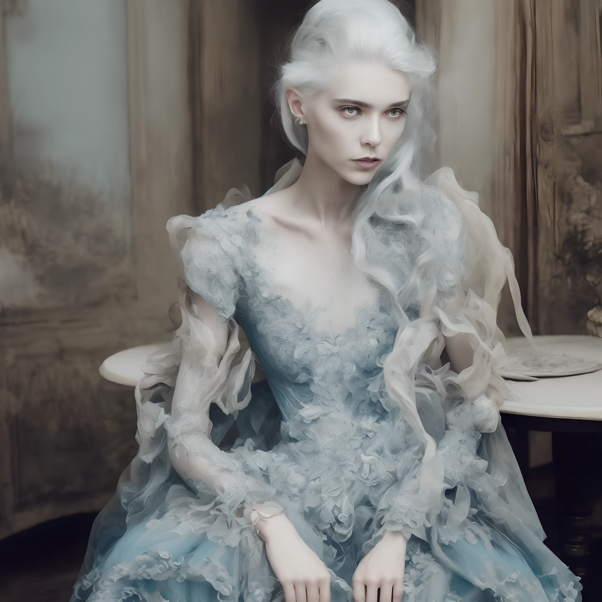 a woman sitting at a table , by Valerie Petts, tumblr, intricate fantasy dress, blueish tones, official valentino editorial, pale hair --ar 3:4 --v 5.1