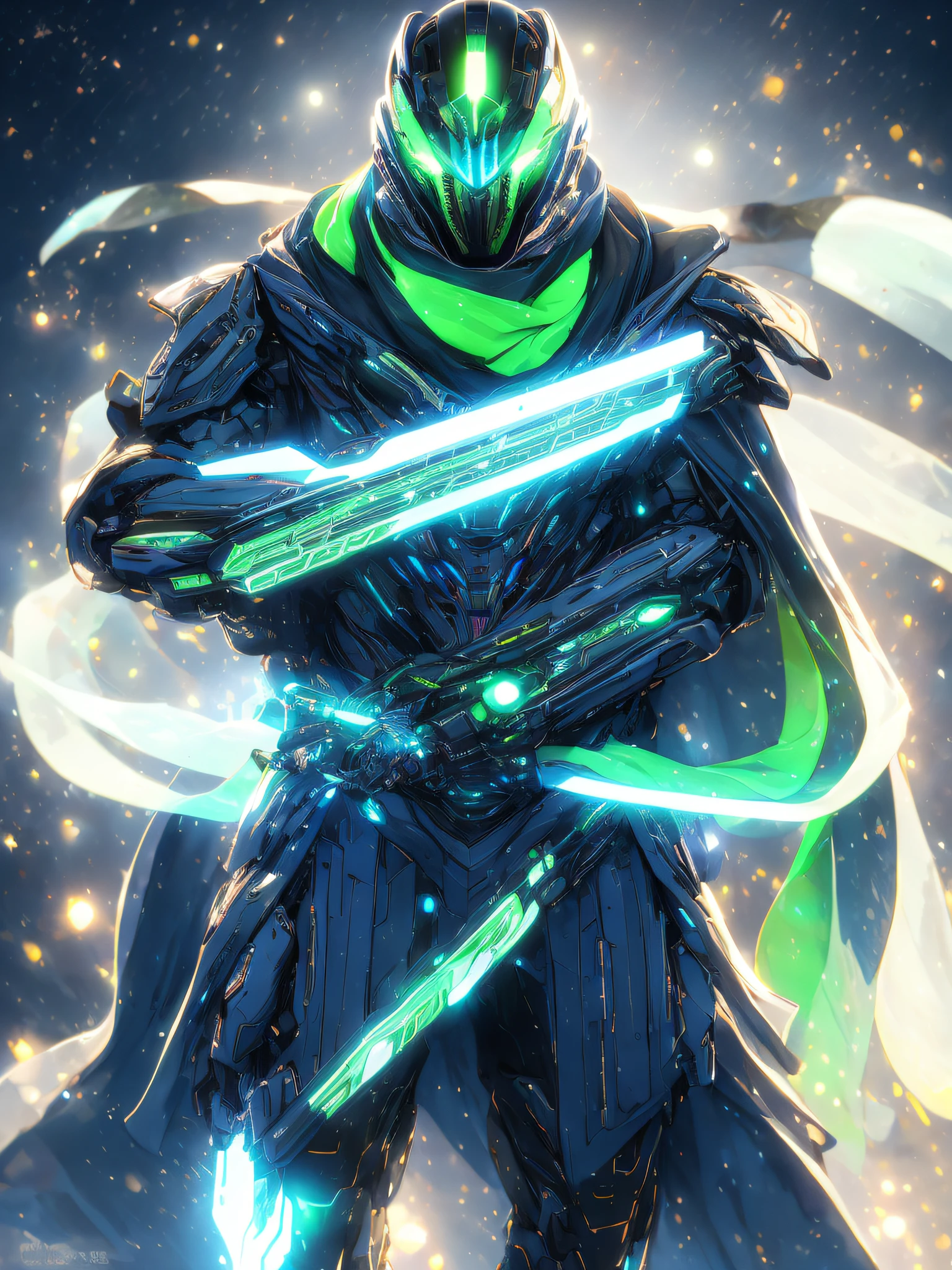 realistic,shiny,reflective,bioluminic, galactic cybernetic mask,mecha,(assassin:1.2),((((scarf,long cloak)))),sh4g0d,GlowingRunes_red,fullbody,cinemnatic,dark background,backlight,high contrast,