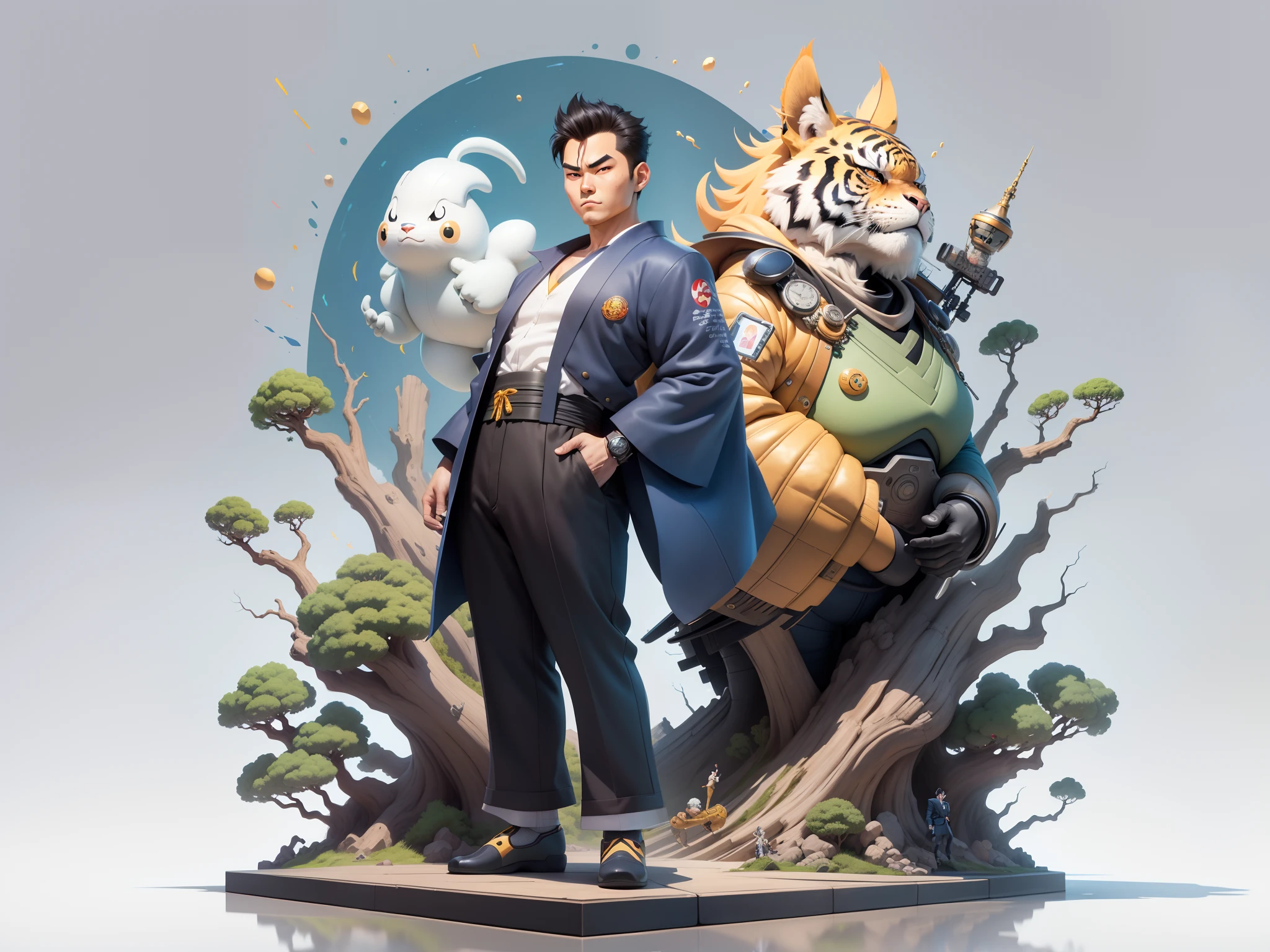 (Masterpiece), (Excellent), (Super Meticulous), (Full Body: 1.2), Super Young Man, Oriental Face, Japanese Kimono, Japanese Wind Thunder God, Dragon, Tiger, TV Anchor, Bust Portrait Illustration, Alone, Black Suit, Blue Tie, Slightly Chubby Face, Very Clean Face, No Beard, Black Super Short Hair, Black Eyes, Confident Smile, 3c Computer Sub-Products, iPad, iPhone, Digital Painting, 3D Character Design by Akira Toriyama and Mark Claireden and Pixar and Hayao Miyazaki, The illustration is a high-definition illustration in 4K resolution with very detailed facial features and cartoon-style visuals.