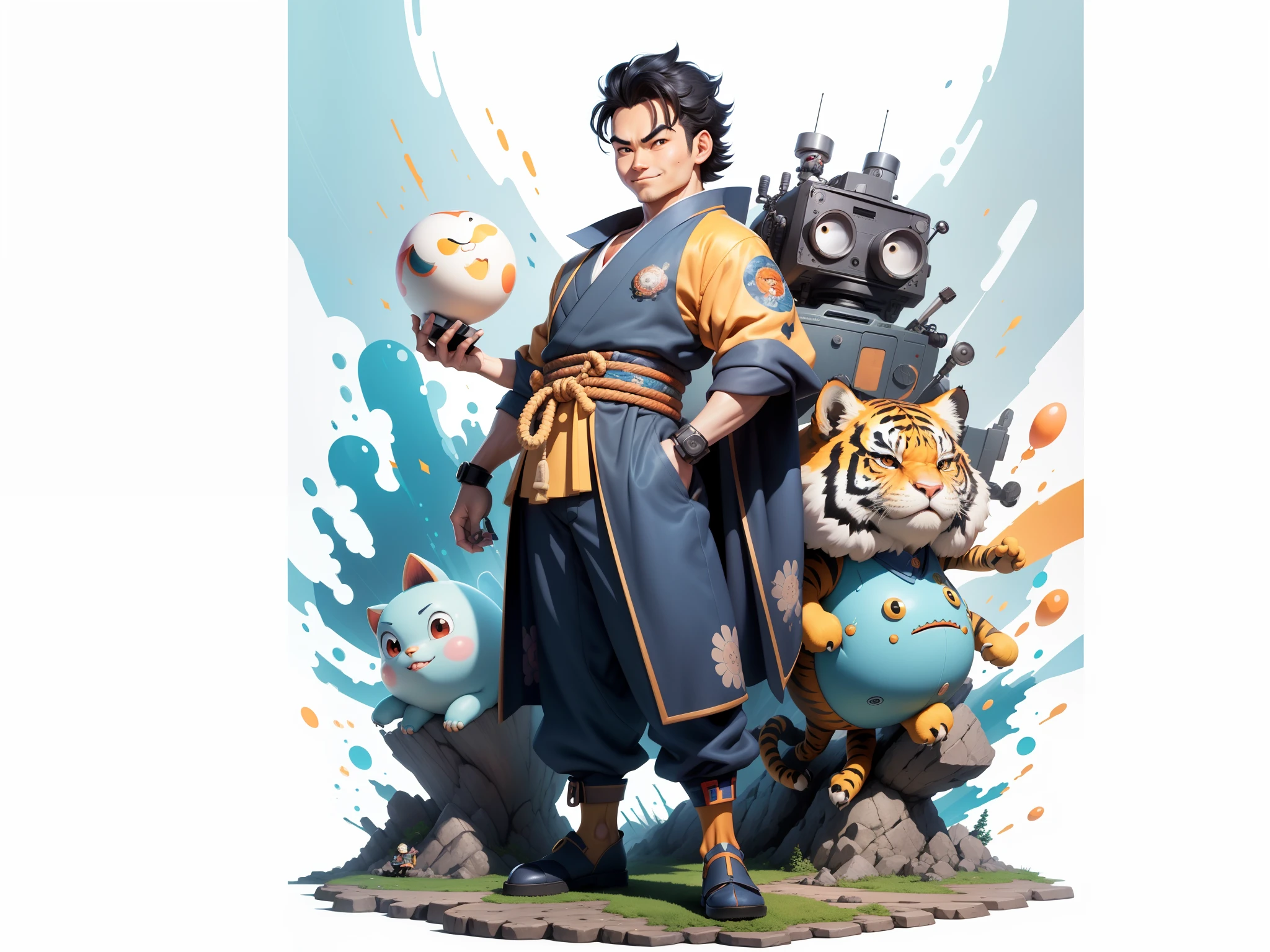 (Masterpiece), (Excellent), (Super Meticulous), (Full Body: 1.2), Super Young Man, Oriental Face, Japanese Kimono, Japanese Wind Thunder God, Dragon, Tiger, TV Anchor, Bust Portrait Illustration, Alone, Black Suit, Blue Tie, Slightly Chubby Face, Very Clean Face, No Beard, Black Super Short Hair, Black Eyes, Confident Smile, 3c Computer Sub-Products, iPad, iPhone, Digital Painting, 3D Character Design by Akira Toriyama and Mark Claireden and Pixar and Hayao Miyazaki, The illustration is a high-definition illustration in 4K resolution with very detailed facial features and cartoon-style visuals.