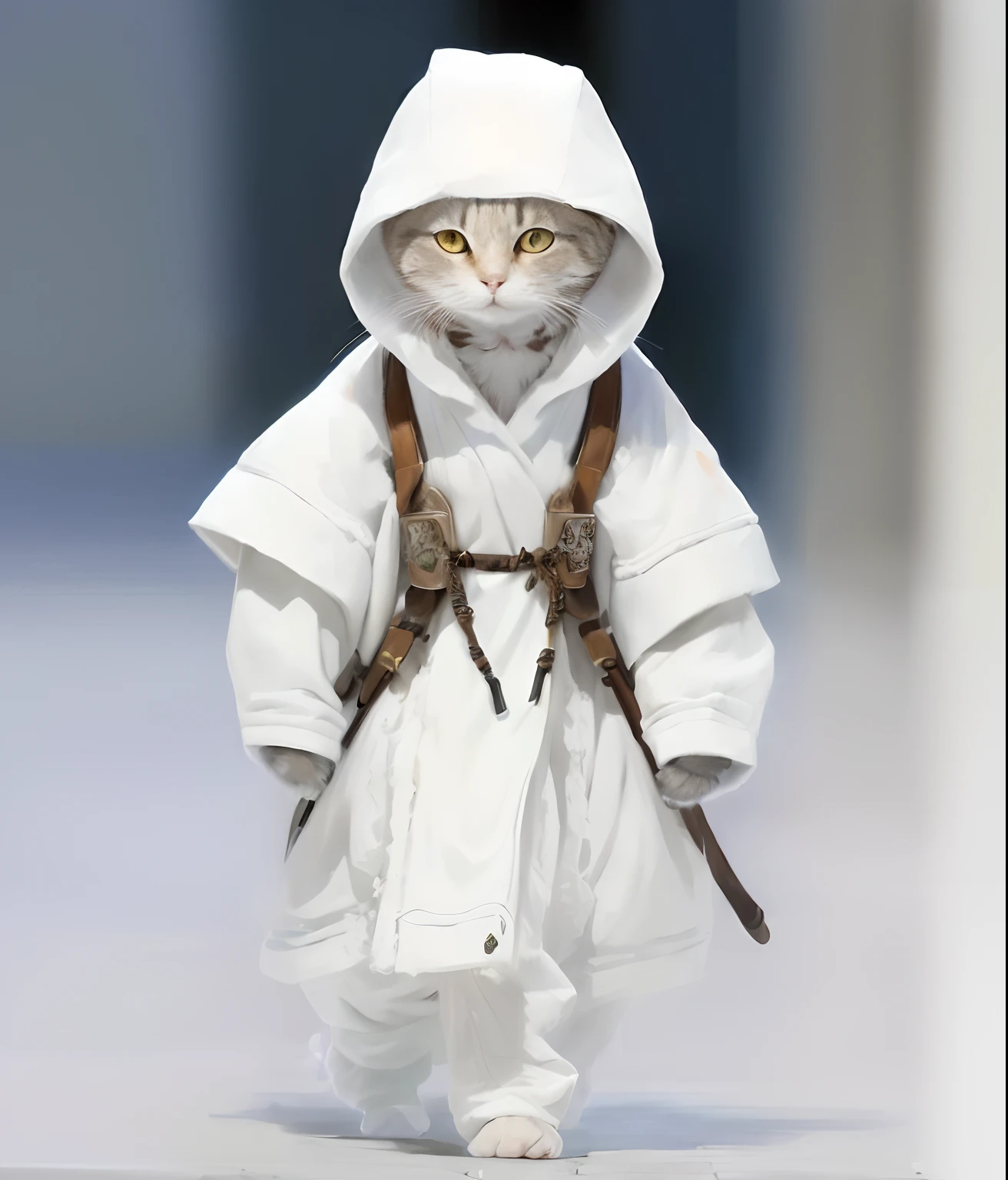 Araki cat in white robe and brown harness, Assassin Cat, Samurai cat, tabaxi monk, white russian clothes, anthropomorphic cat ninja, Cat Warrior, highly fashionable, ninja cat, armored cat, Catwalk, the cat is walking, neko, anime cat, clothes from the future, rei kawakubo artwork
