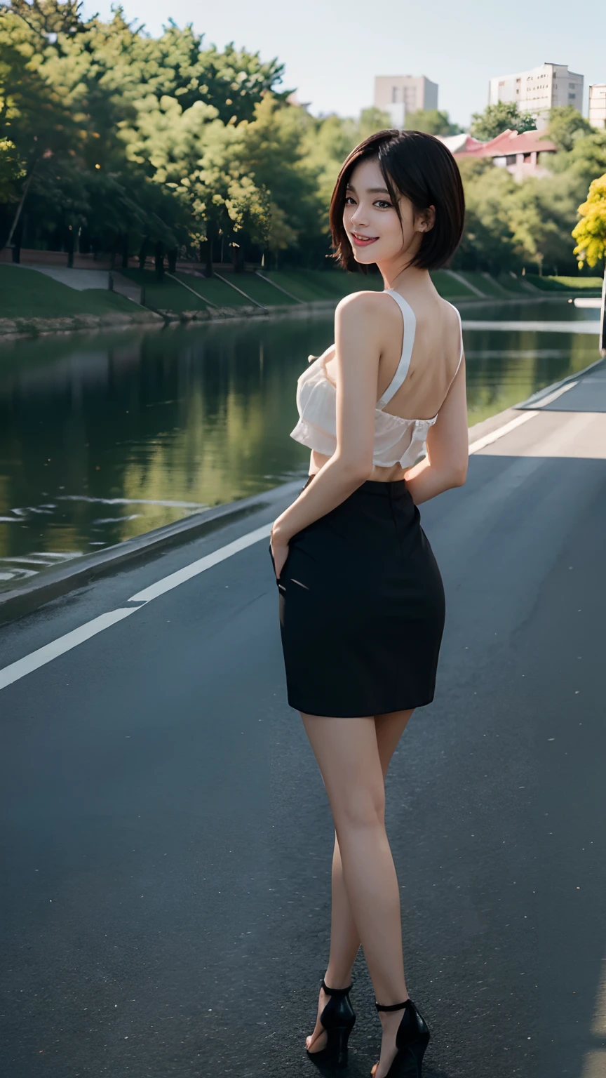 a park、((top-quality、8K、masterpiece:1.3))、a beauty girl、1 female、爆乳:1.3、Slender body type:1.1、Happy smiling face:1.4、blac hair、Bery short hair、suits、Slit skirt、hyperdetailed face、Detailed lips、A detailed eye、二重まぶた、full body Esbian、high-heels、Looking back、