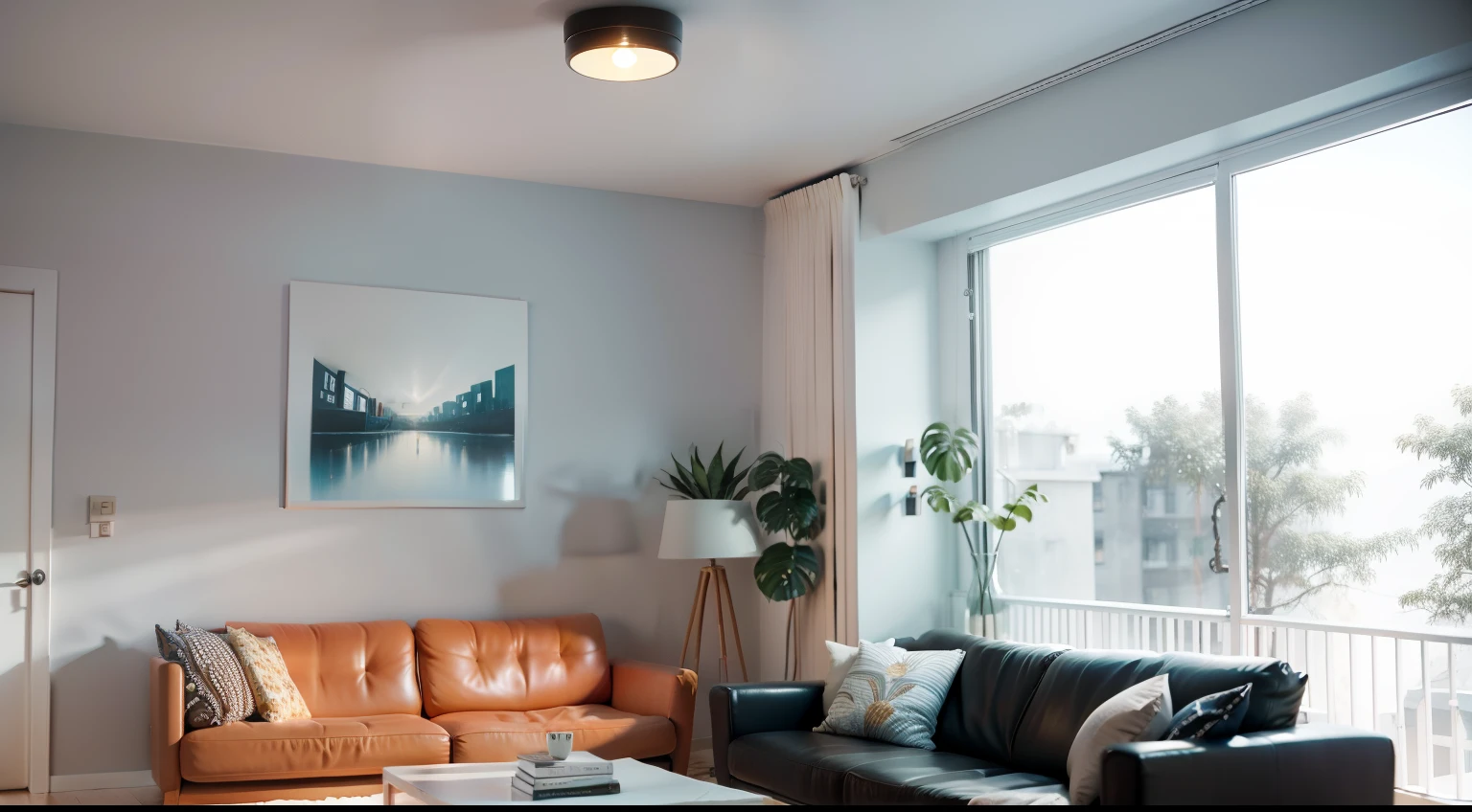 Guest modern living room, Spacious and bright, There is a small painting hanging on the wall, It was cosy, There is a sofa in the living room, desks, modern, Expressionism, cinematic lighting, stereogram, best quality, high details