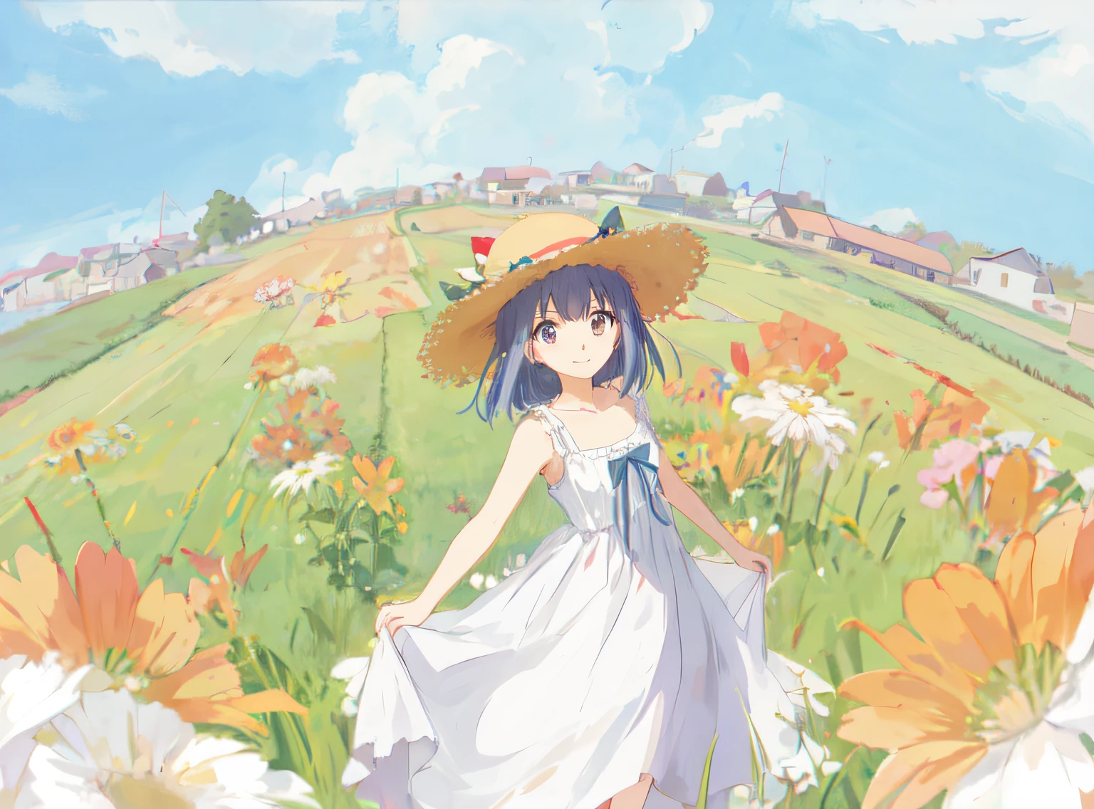 Anime girl walking in field in dress and hat, Lori wore a white dress,with straw hat,Cornfield in the background nearby, Rolling hills in the distance，There are several buildings on it, Loli, cute anime waifu in a nice dress, small curvaceous loli, drawn in anime painter studio, made with anime painter studio, Anime art style, Anime moe art style, Pixiv style, Anime style. 8K, with straw hat