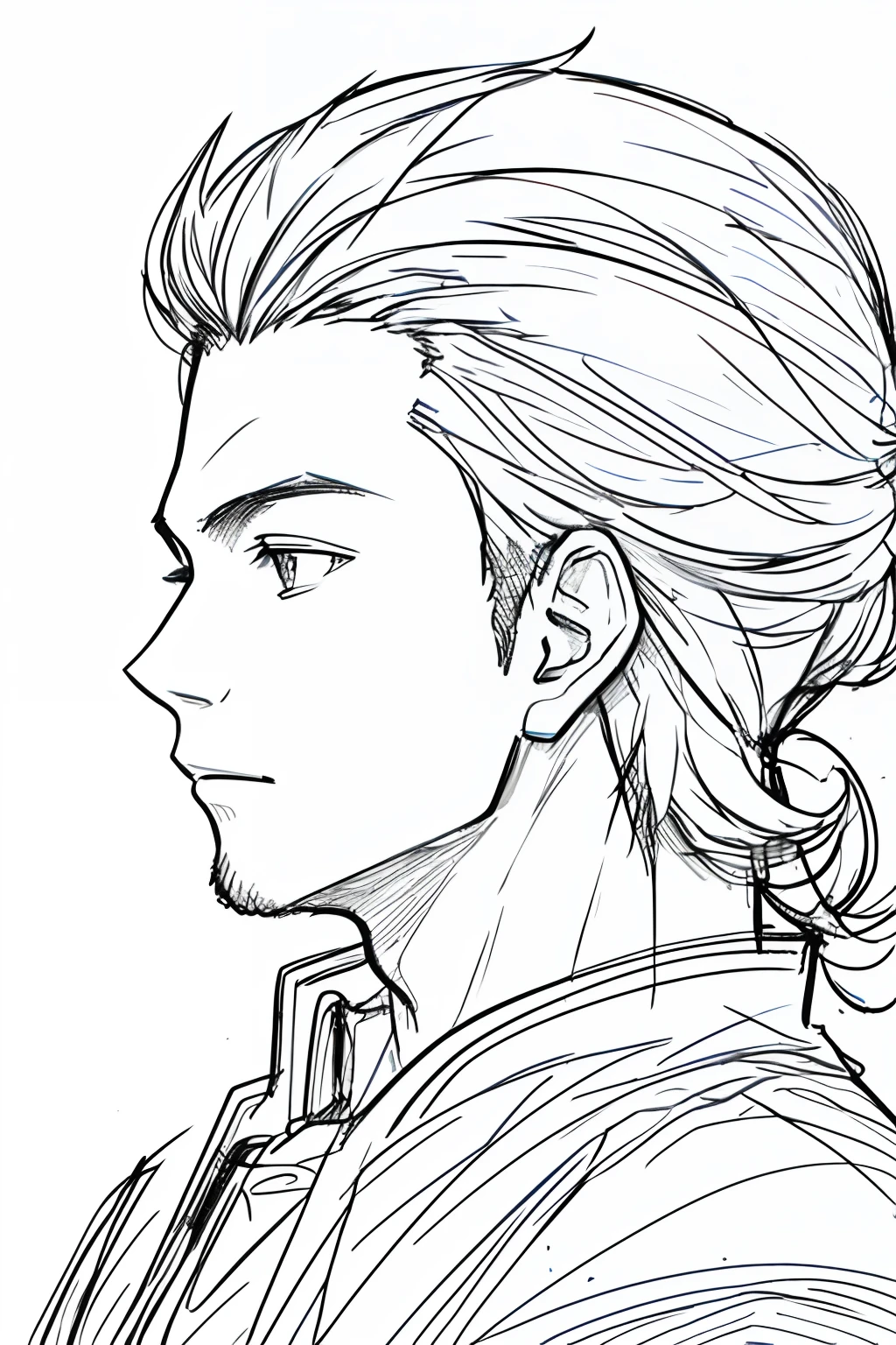 masterpiece, acura, 1man, solo, mesy hair, profile close-up, line drawing background, white background, monochrome, line drawing, ((sketch))