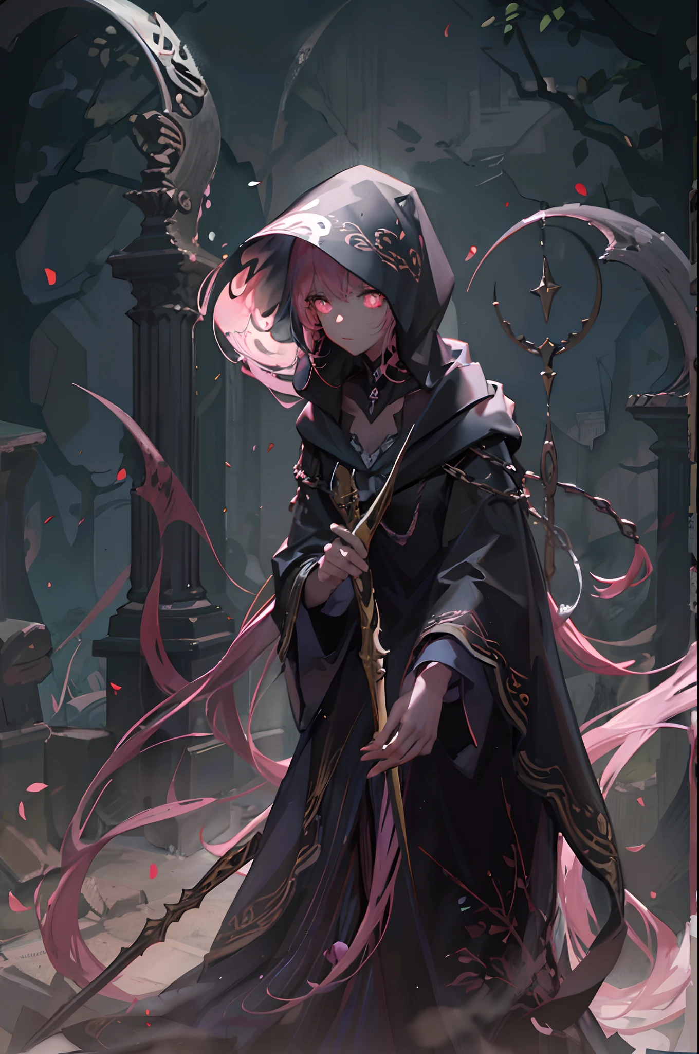 Cute hooded hooded grim reaper shrouded in dark mist,Wielding a scythe,Emerge from the swirling shadows.,Emerge from the swirling shadows.Stand in the Cemetery of Forgotten Souls.(Light brown and pink striped hair:1.3,),Perfect face,Proper body proportion,masutepiece,Best Quality,超A high resolution,Intricate details,Extremely delicate and beautiful,photographrealistic,Dreamy,Professional Lighting,realistic shadow,Solo Focus,Beautiful hands,Beautiful fingers,