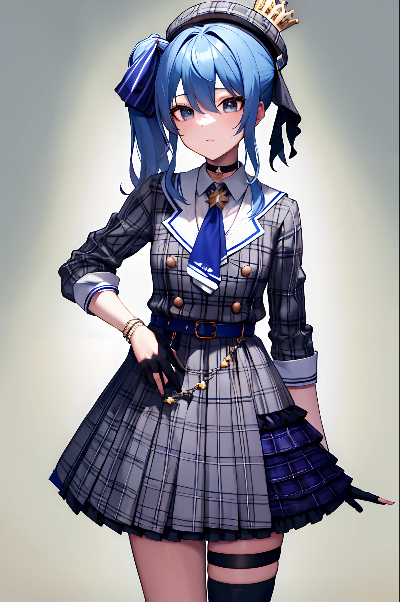 masterpiece, best quality, highres, sui1, 1girl, solo, side ponytail, hoshimachi suisei, fingerless gloves, single thighhigh, jewelry, single sock, thigh strap, bracelet, blue socks, buttons, single kneehigh, plaid dress, blue choker, blue belt, plaid skirt, mini crown, grey skirt, blue ascot, long sleeves, plaid jacket, cowboy shot,