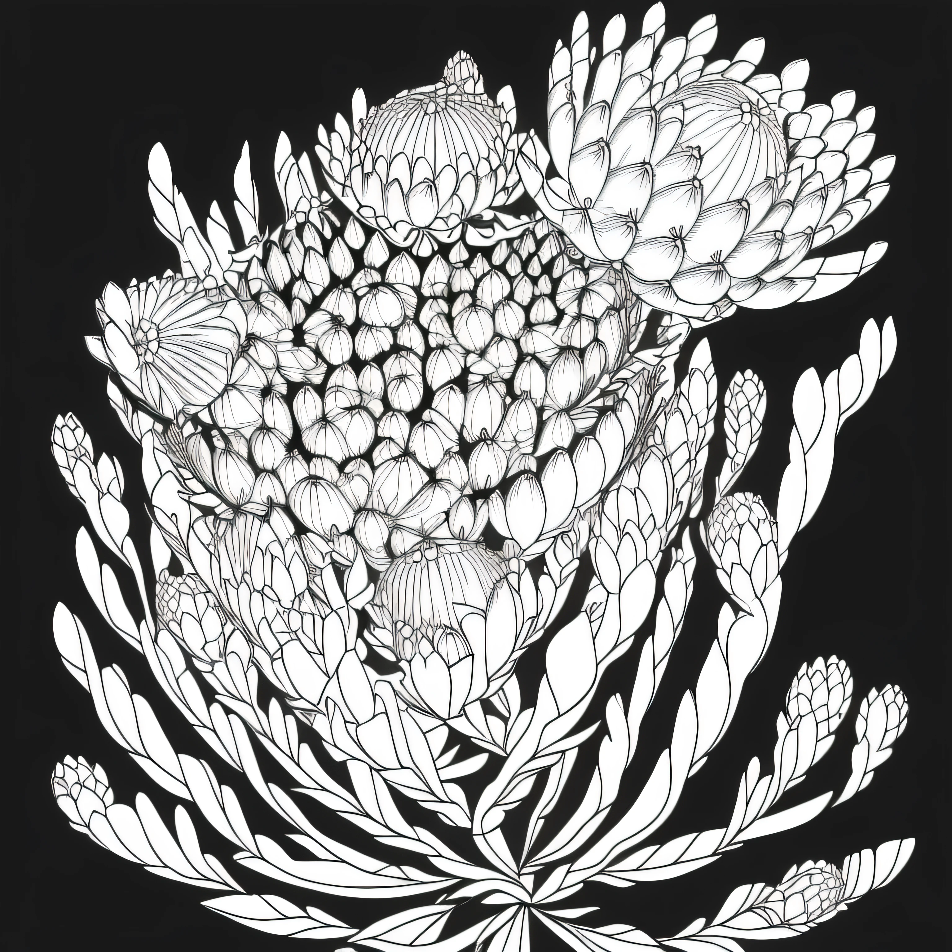 (Monochrome images:1.3)、(Protea Coloring Book:1.3)、It features a simple、Draw with outline