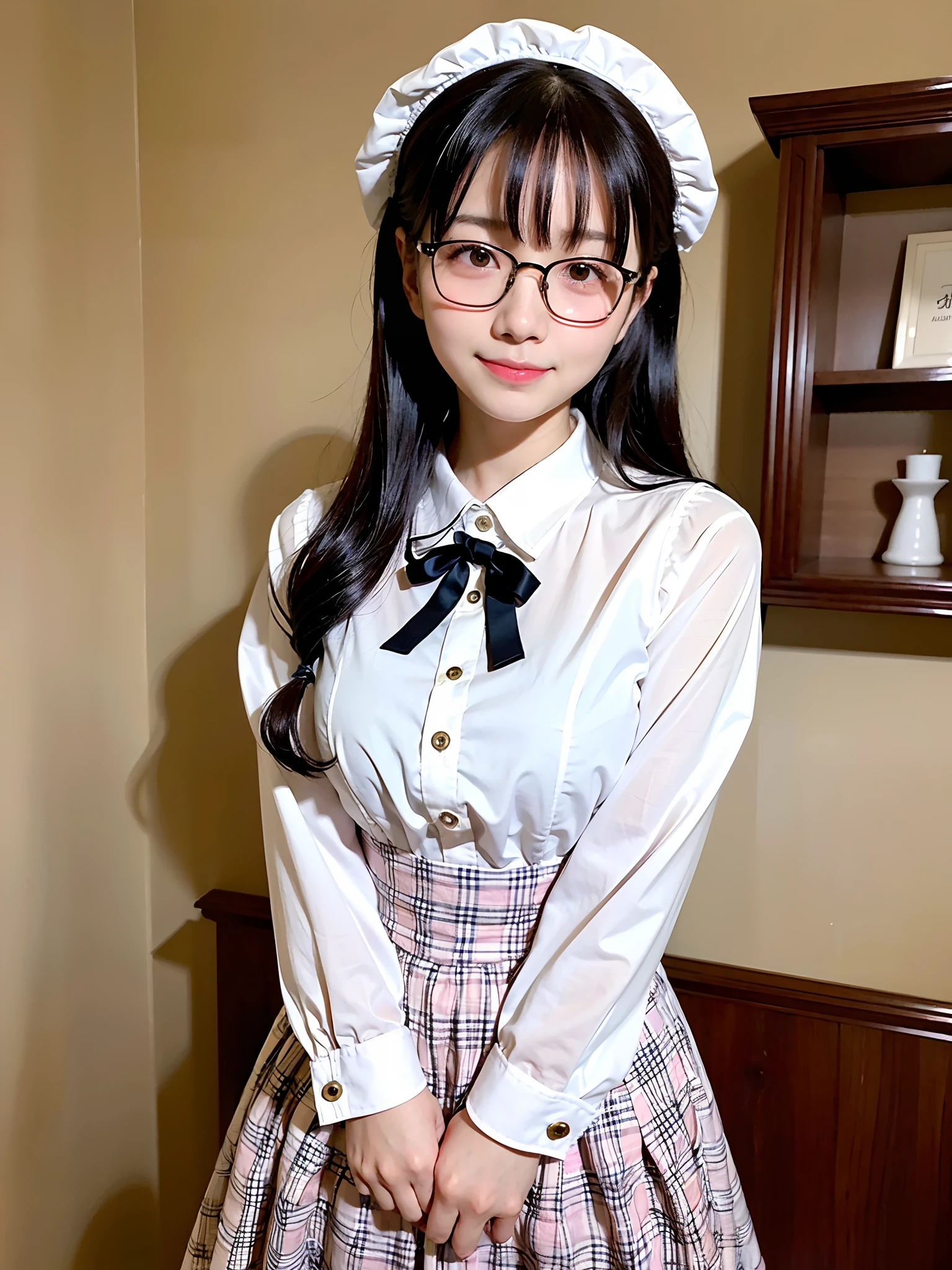 (top-quality、masterpiece)、(((embarrassing smile)))、ta Fashion、eye glasses、8K、女の子 、Underhair、livingroom、First time shooting、be shy、looking at viewert、hair wavy