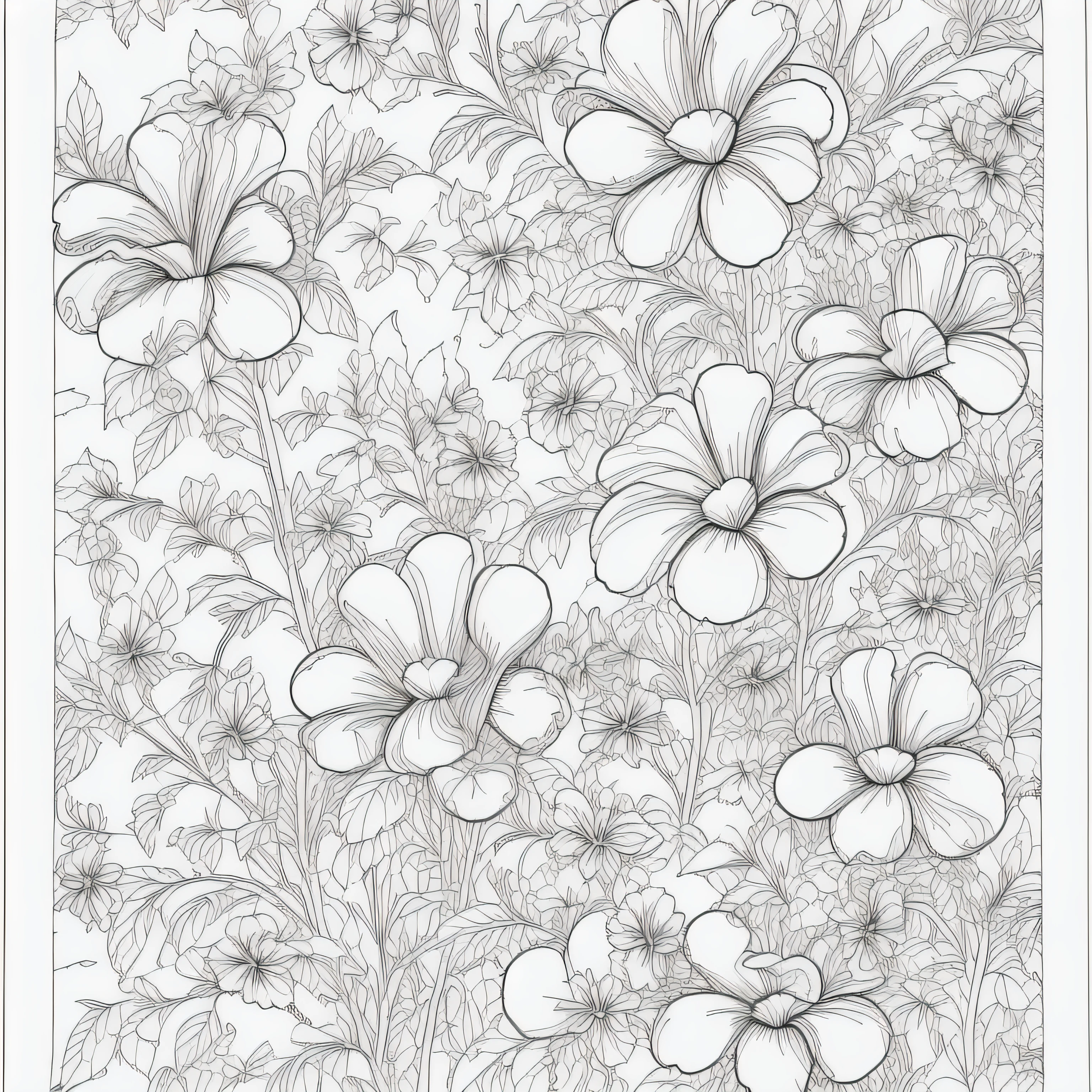 (Monochrome images：1.3)、(Petunia Coloring Book:1.3)、It features a simple、Draw with outline