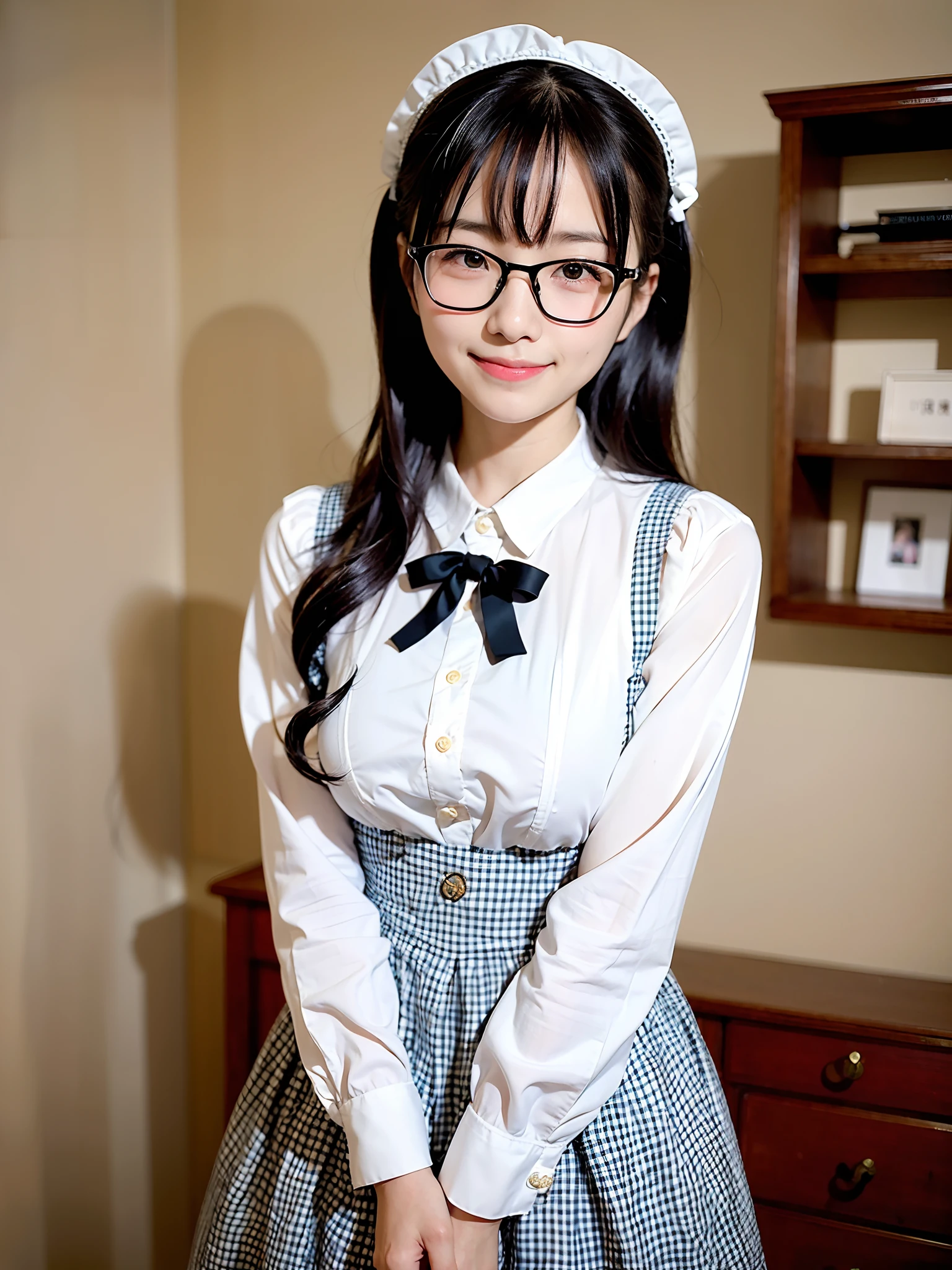 (top-quality、masterpiece)、(((embarrassing smile)))、Lolita Fashion、eye glasses、8K、女の子 1 人、Underhair、livingroom、First time shooting、be shy、looking at viewert、hair wavy