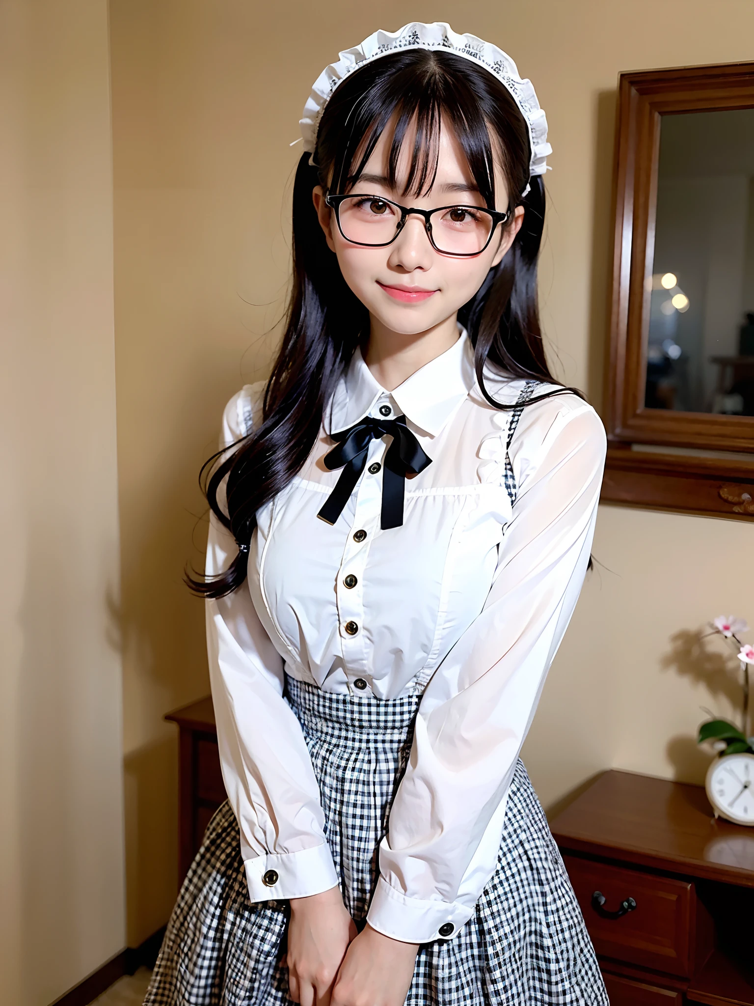 (top-quality、masterpiece)、(((embarrassing smile)))、ta Fashion、eye glasses、8K、女の子 、Underhair、livingroom、First time shooting、be shy、looking at viewert、hair wavy