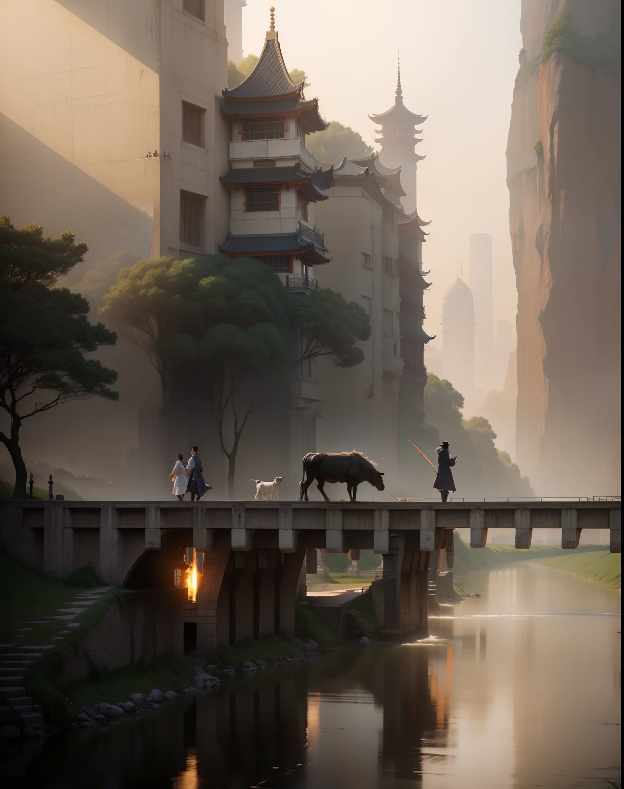 there are two people walking on a bridge with a cow, by Zheng Xie, by Xia Yong, by Shang Xi, by Yuan Jiang, by Zou Zhe, by Xu Xi, by Ye Xin, by Fei Danxu, by Ren Xiong, by Wu Hong, crossing the river, by Wu Wei, by Zhao Yuan, by Wang Yuan