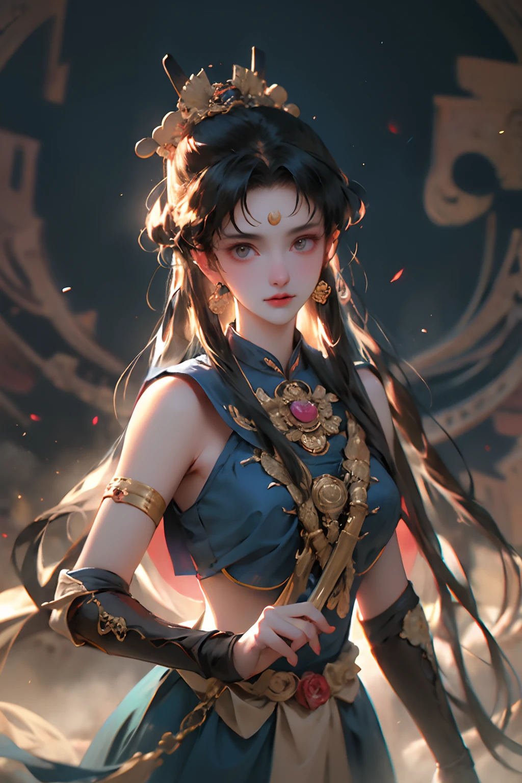 1girl, Dunhuang Flying Apsaras costume, messy long hair, Ji Jian, Dunhuang style, a lot of smoke, superb, elegant colors, (realistic, high detail, masterpiece, super detailed, dynamic angle, mural background, ink wash, amazing, movie lighting, illustration, chiaroscuro, backlighting, god rays, holland, best quality, best quality