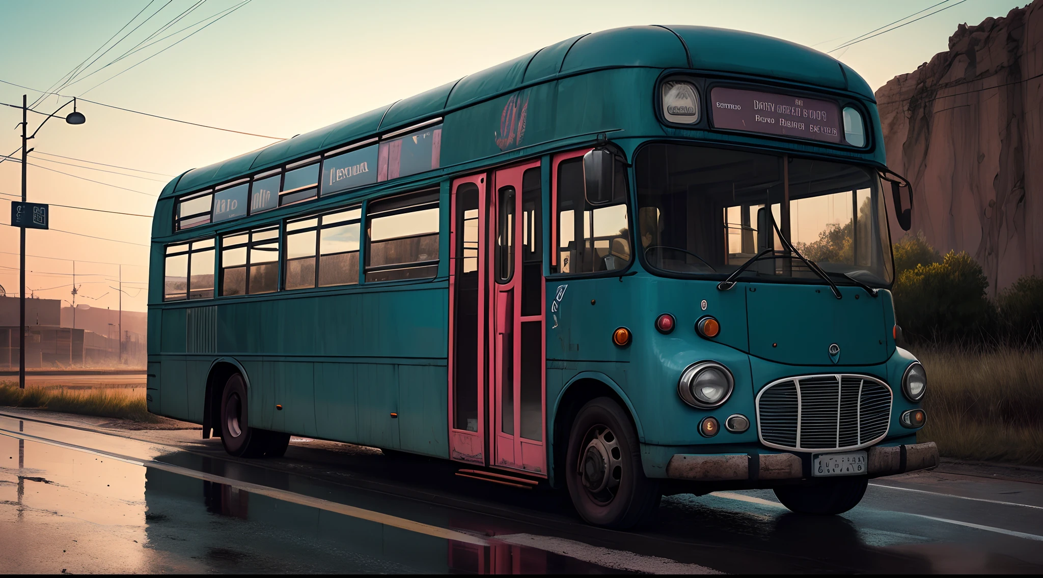 a blue beaten up bus travelling on a desolate highway, scratches, dents, reflection of pink light on the side of the bus, soft tones, oil paint style, eye-catching composition