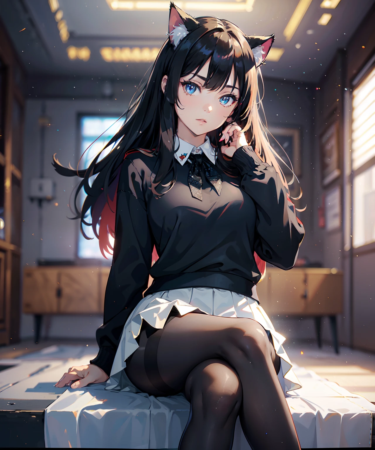 (masterpiece), best quality, ultra high res, full-body shot, sitting crossed legs pose, slim body, soviet style, 1girl, (black glittery pantyhose with gliterry diamonds, white pleated skirt, soviet uniform sweater),long hair, sopi, photon mapping, physically-based rendering, cinematic lighting, intricate, High Detail, Sharp focus, dramatic, photorealistic, cat ears