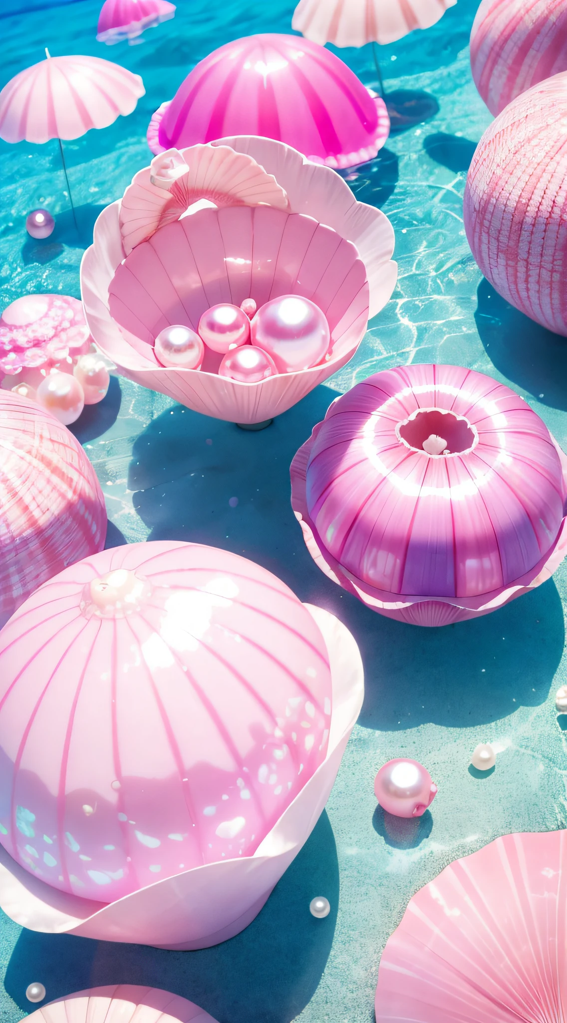 (8K, RAW photo, Best quality, masutepiece: 1.2), (Realistic, Realistic: 1.37) There are pink shells on the beach, there are waters, Pearlescent, pearls and shells, Soft spill, pearls, Pink jellyfish are everywhere, Soft 3D rendering, Ethereal bubbles, Bubble landscape, Elay shader, pastel pink, Pink reflections, Pearl Sky, shells, Paradise pink, Pastel colors, Pink pastels,