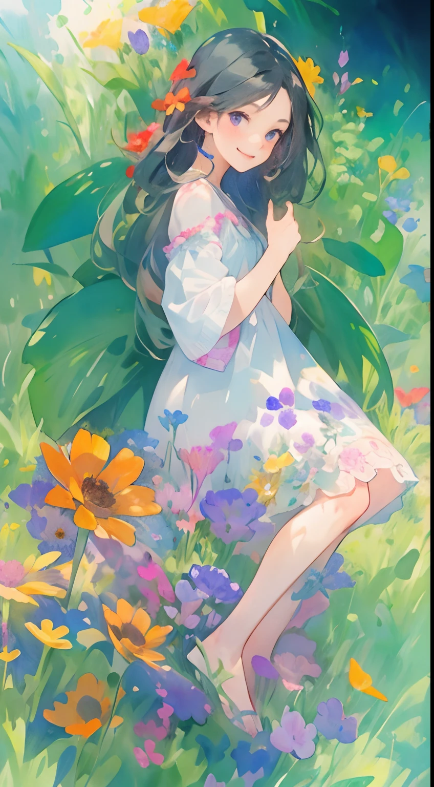 aquarelle, 1girll, florals, long whitr hair, ssmile,shift dresses, looking at viewert, red flower, Estampados florales, Purple flowers, yellowflower, orangeflower, The upper part of the body, a plant, Blue flowers, leafs, Keep one's mouth shut, Traditional media