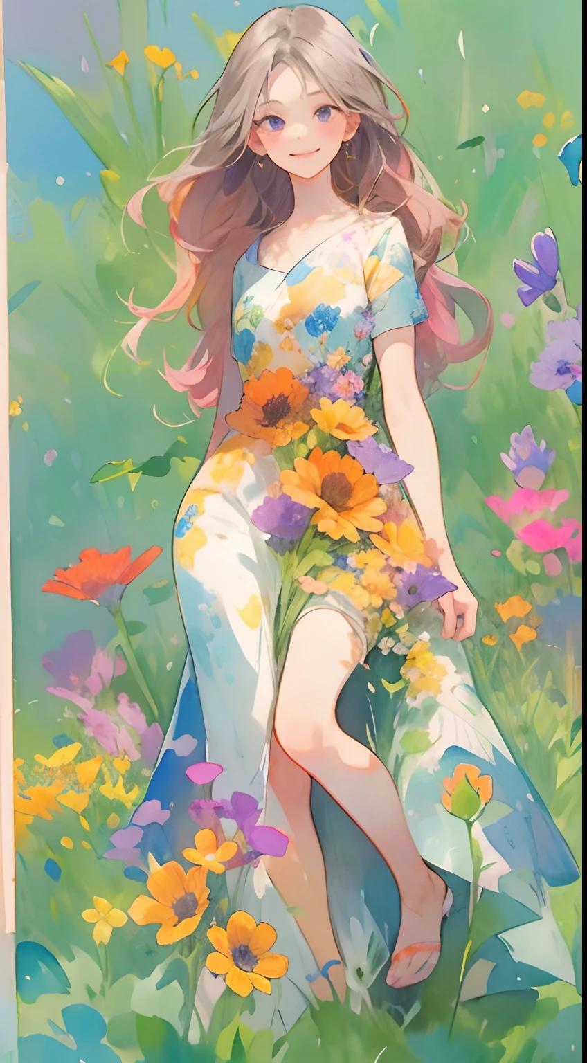 aquarelle, 1girll, florals, long whitr hair, ssmile,shift dresses, looking at viewert, red flower, Estampados florales, Purple flowers, yellowflower, orangeflower, The upper part of the body, a plant, Blue flowers, leafs, Keep one's mouth shut, Traditional media