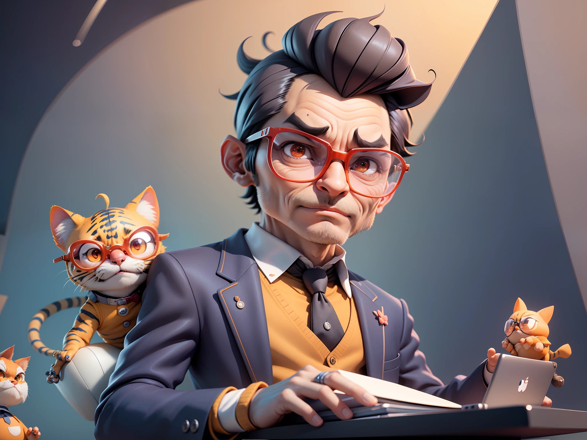 A young man in a suit, Short hair and glasses sat at his desk,holding laptop,digitial painting,tigre,3D character design by Mark Clairen and Pixar and Hayao Miyazaki and Akira Toriyama,4K HD illustration,Very detailed facial features and cartoon-style visuals。
