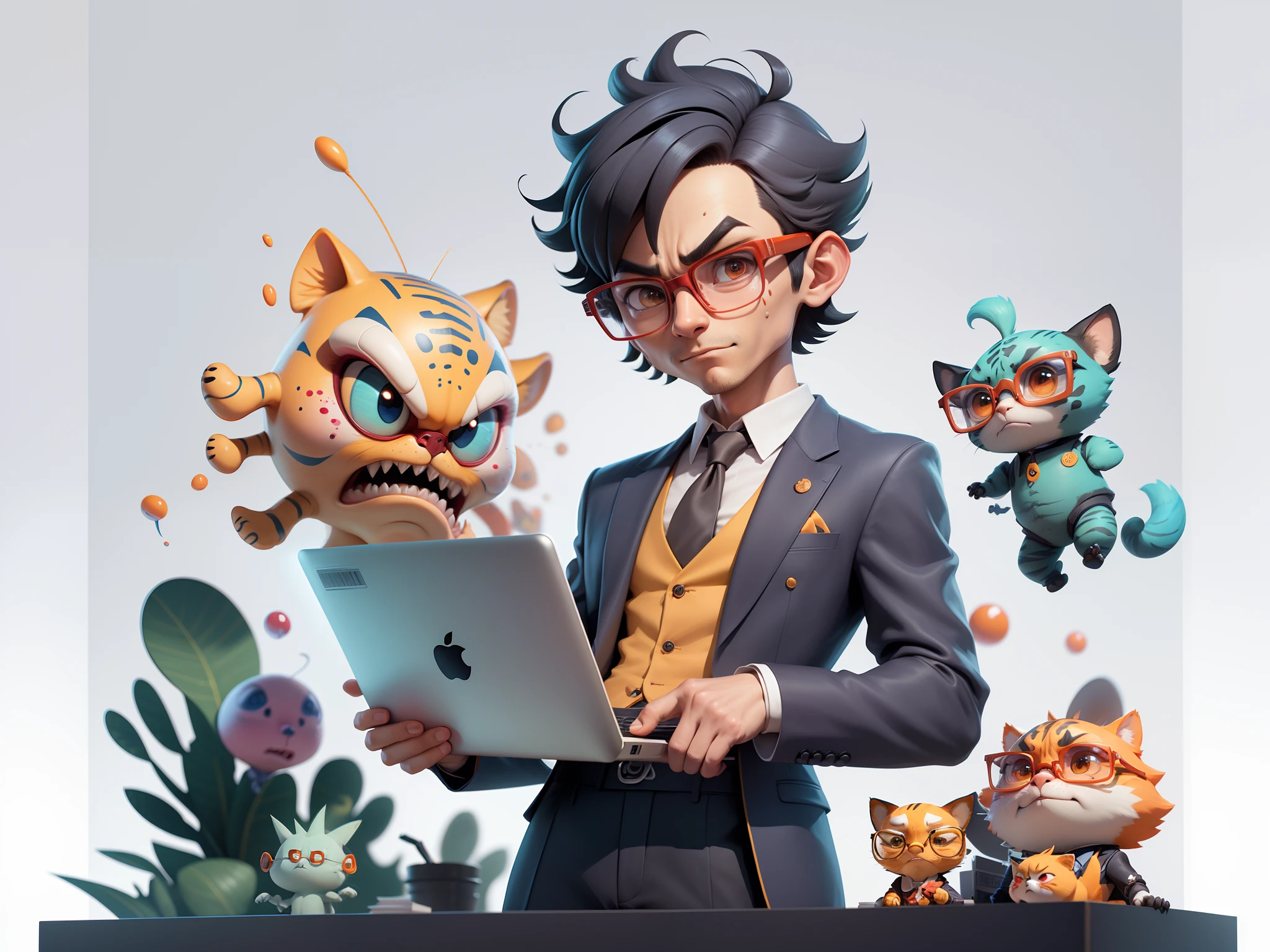 A young man in a suit, Short hair and glasses sat at his desk，holding laptop，digitial painting，tigre，3D character design by Mark Clairen and Pixar and Hayao Miyazaki and Akira Toriyama，4K HD illustration，Very detailed facial features and cartoon-style visuals。
