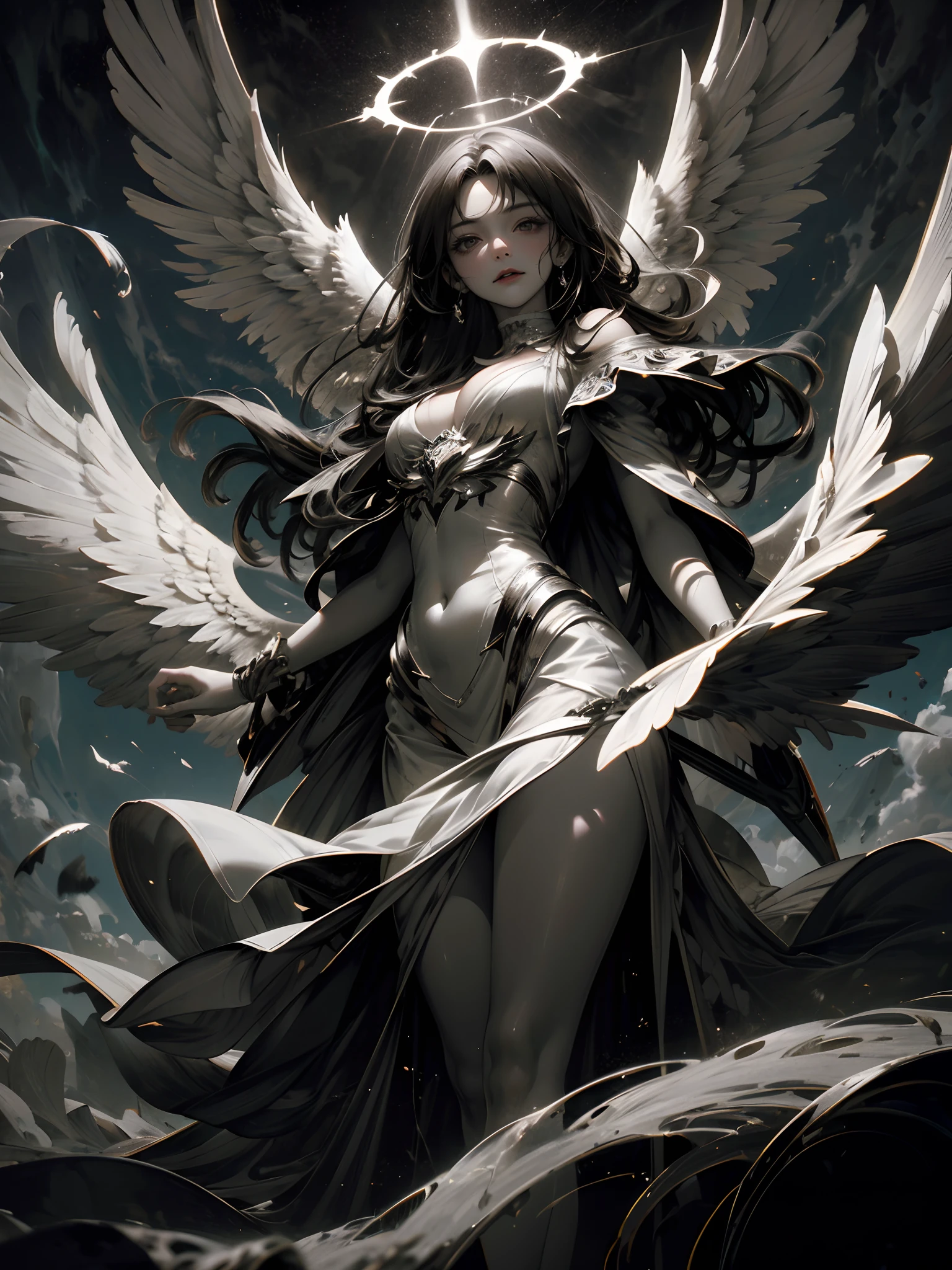 Angels descended from heaven, [Monica Bellucci], [Wings], Long hair, Joyful, Black and white color palette, vogue photography, high resolution, Detailed, Dreamy, The illusion of heaven, Heavenly sky, Depth of field.