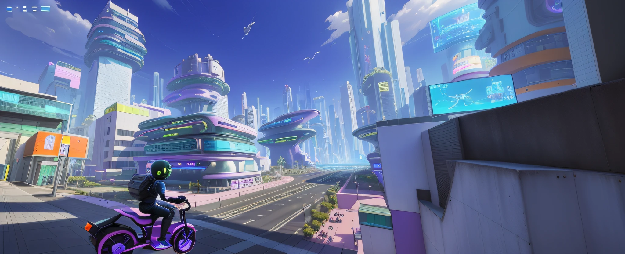There is a riding a toy car in the city, pc screenshot, hyper-futuristic city, tokio futuristic in background, vaporwave city, videogame still, metaverse concept art, futuristic street, futuristic city street, futuristic urban background, beautiful screenshot, futuristic urban background, videogame screenshot, vista of futuristic city, The future city