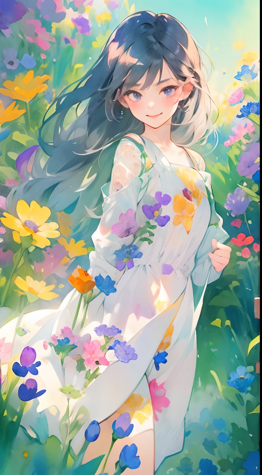 aquarelle, 1girll, florals, long whitr hair, ssmile,shift dresses, looking at viewert, red flower, Estampados florales, Purple flowers, yellowflower, orangeflower, The upper part of the body, a plant, Blue flowers, leafs, Keep one's mouth shut, Traditional media