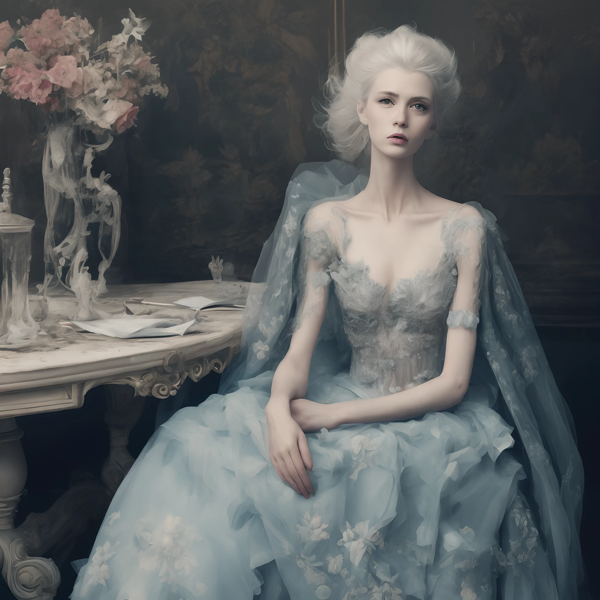 a woman sitting at a table , by Valerie Petts, tumblr, intricate fantasy dress, blueish tones, official valentino editorial, pale hair --ar 3:4 --v 5.1