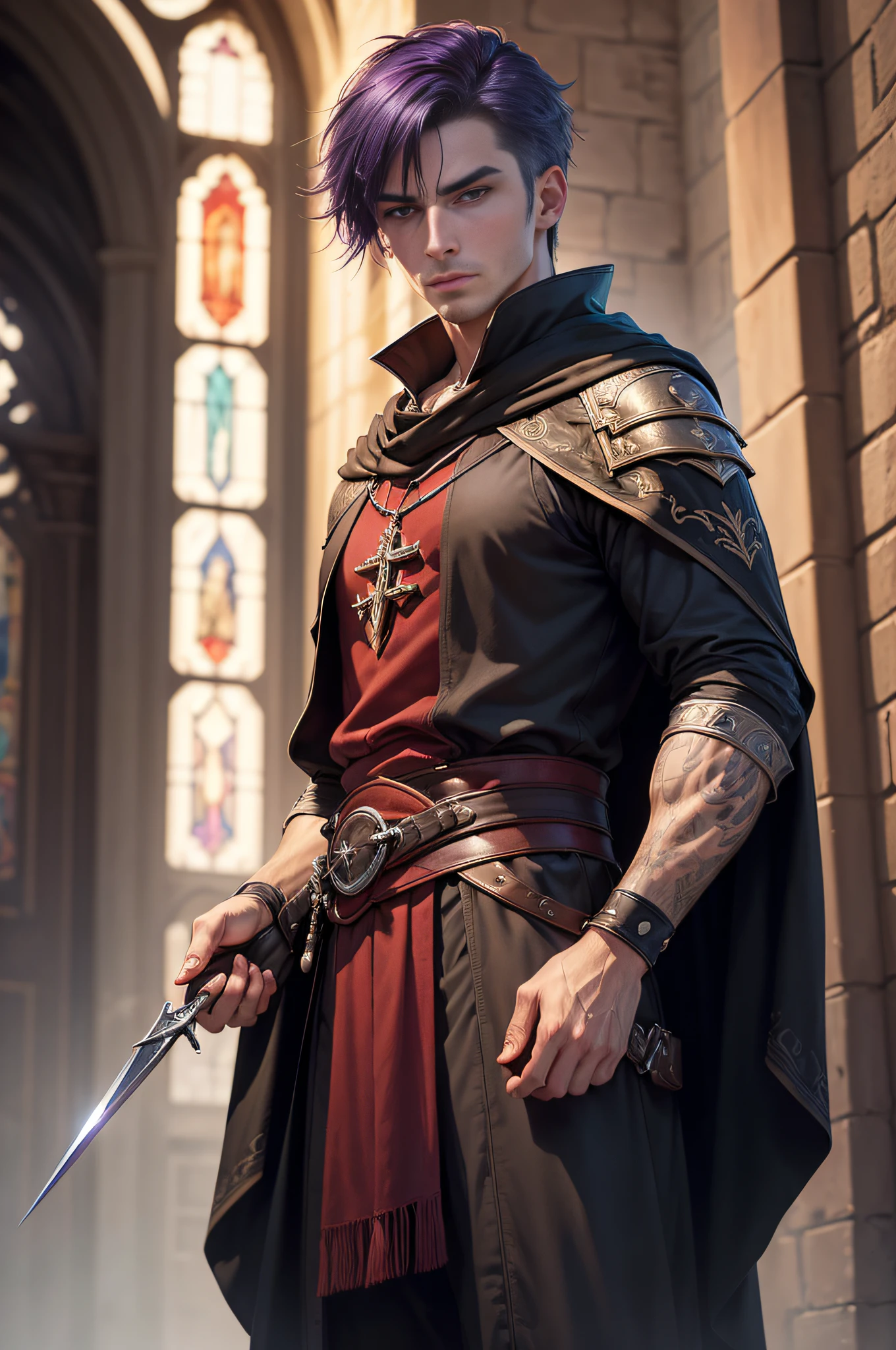 (((masterpiece, best quality, ultra detailed))), (male talented assassin eliminate a target, unapproachable vibe, expressionless, perfect fingers, perfect hands, looking at viewer), 35 years old, (medieval Assassin costumes, assassin cloak), medieval church as background, night time, lightening as weather, backlighting, darkness, from above, dynamic angle, indoor, purple hair, very short hair, male face, male eyebrows, male eyes, sharp nose, adam's apple, (sharp eyes), red pupils glowing red,