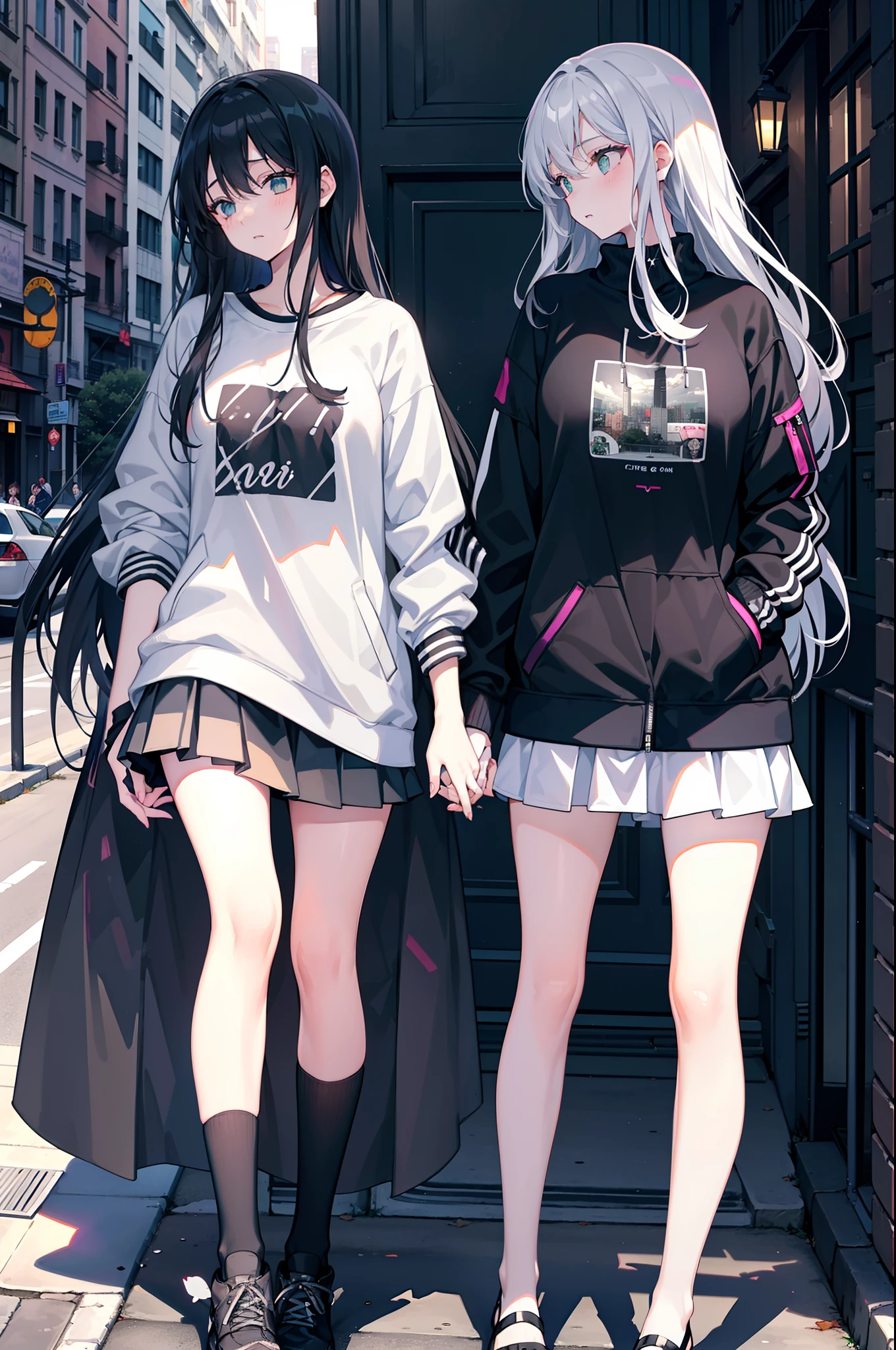 2girls, One has long black hair....., purple eyes..., The other has long ash-gray hair....., green eyes..., High Quality, couple , Girls love girls..........., Yuri ,A Beautiful Girl, lesbian, lover ,. love., . Expressions of love. lover. date. city scape, Streetwear. jacket ,