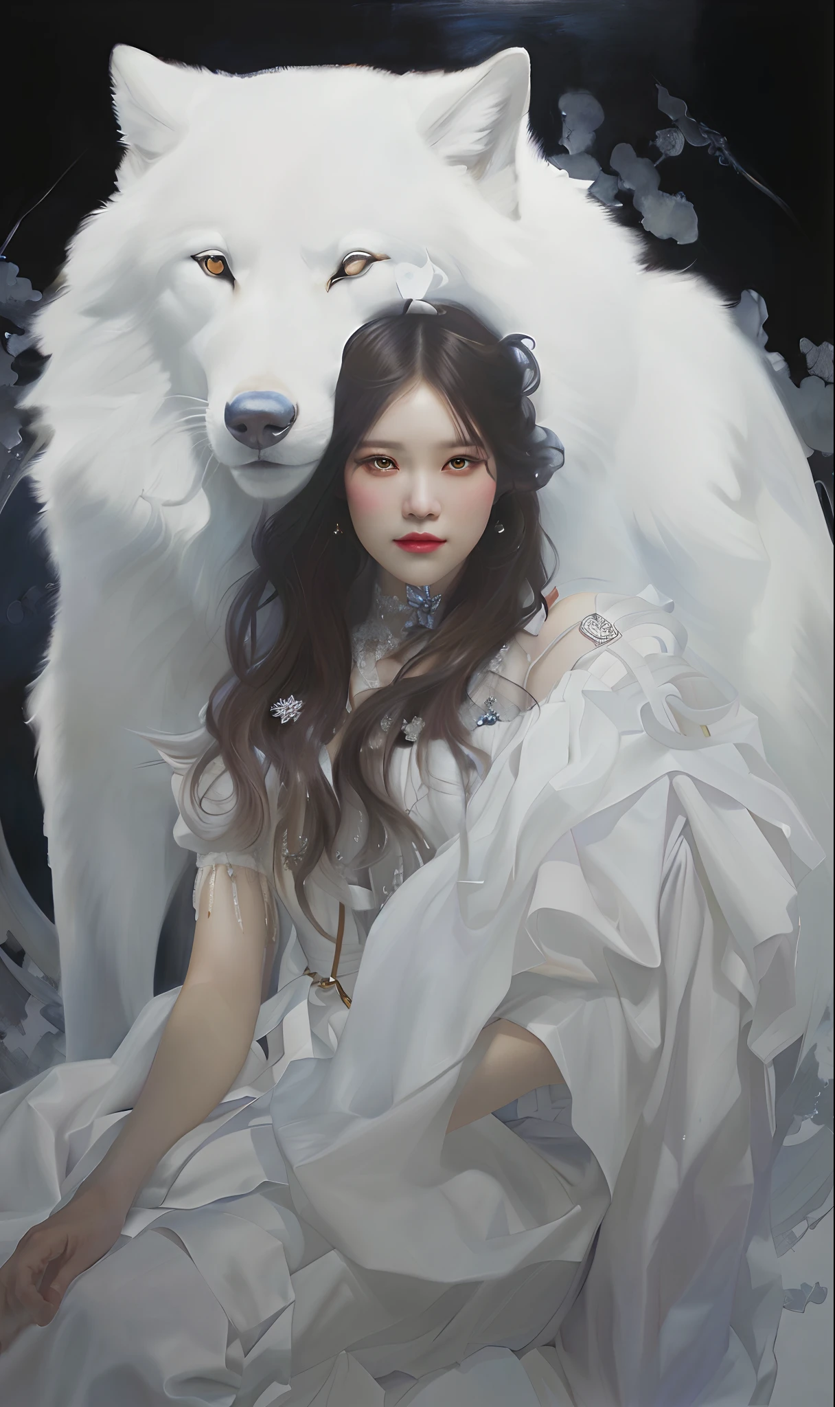 Painting a woman in a white dress sitting next to a white wolf, jinyoung shin art, loish and ross tran, Tom Bagshaw Donato Giancora, yanjun cheng, james jean and wlop, inspired by Yanjun Cheng, author:Golden Farmer, guweiz masterpiece, Zhang Jingna, wlop and ross thran, By Ni Tian