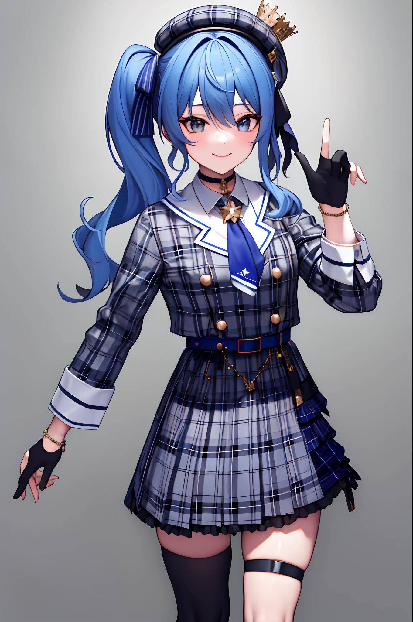 masterpiece, best quality, highres, sui1, 1girl, solo, side ponytail, hoshimachi suisei, fingerless gloves, single thighhigh, jewelry, single sock, thigh strap, bracelet, blue socks, buttons, single kneehigh, plaid dress, blue choker, blue belt, plaid skirt, mini crown, grey skirt, blue ascot, long sleeves, plaid jacket, cowboy shot, smile,