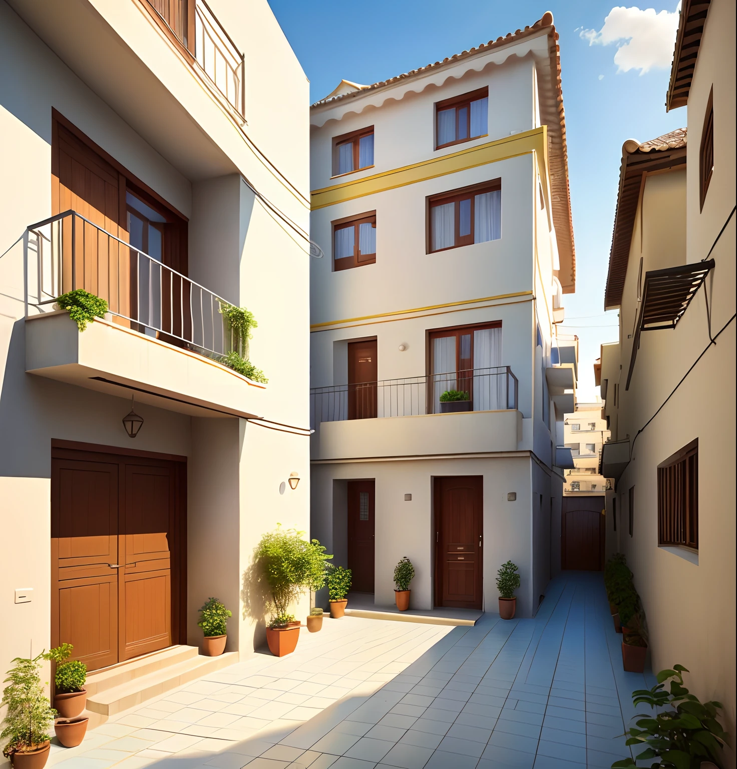 Three storey house，8 in a row，Communal walled flat roof 6 meters square living room，4 meters square bedroom，2 meters square bathroom