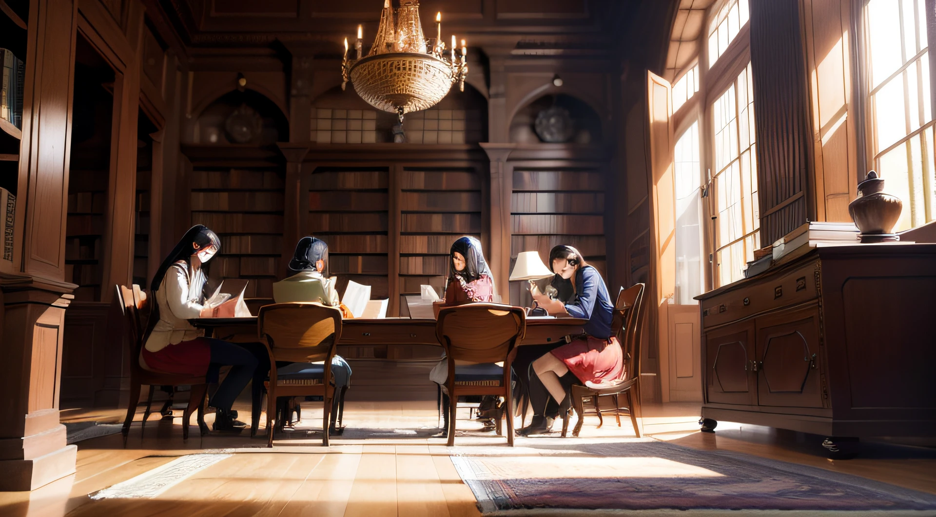 In a sunlit library adorned with intricate woodwork, students in vintage attire engage in their studies. A young woman in a beret leans against a polished oak bookshelf, engrossed in a weathered tome. Nearby, a group of friends huddle around a mahogany table covered in open books, their animated discussion filling the air with intellectual energy. Sunlight streams through stained-glass windows, casting colorful patterns on the worn Persian rug that graces the floor. The room exudes a sense of timeless elegance and scholarly pursuits.
