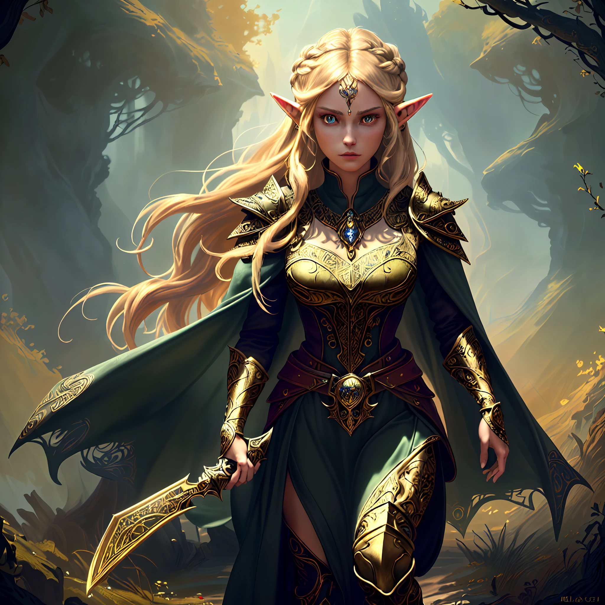 high details, best quality, 8k, [ultra detailed], masterpiece, best quality, (extremely detailed), dynamic angle, ultra wide shot, photorealistic, fantasy art, dnd art, rpg art, realistic art, a wide angle picture of an epic female elf, ready for battle  (intricate details, Masterpiece, best quality: 1.6) , full body, [[anatomically correct]]  (intricate details, Masterpiece, best quality: 1.6) casting magic spell (intricate details, Masterpiece, best quality: 1.5), [colorful magical sigils in the air],[ colorful arcane markings floating] (intricate details, Masterpiece, best quality: 1.6), holding a [sword] (intricate details, Masterpiece, best quality: 1.6) holding a [sword glowing in red light] (intricate details, Masterpiece, best quality: 1.6). in fantasy urban street ( (intricate details, Masterpiece, best quality: 1.6), a female, beautiful epic female elf, wearing elven leather armor (intricate details, Masterpiece, best quality: 1.3), wearing colorful cloak, flowing cloak, high heeled leather boots, ultra detailed face (intricate details, Masterpiece, best quality: 1.6), small pointed ears, thick hair, long hair, dynamic hair, fair skin intense eyes, fantasy city background (intricate details, Masterpiece, best quality: 1.6), sun light, backlight, depth of field (intricate details, Masterpiece, best quality: 1.3), high details, best quality, highres, ultra wide angle