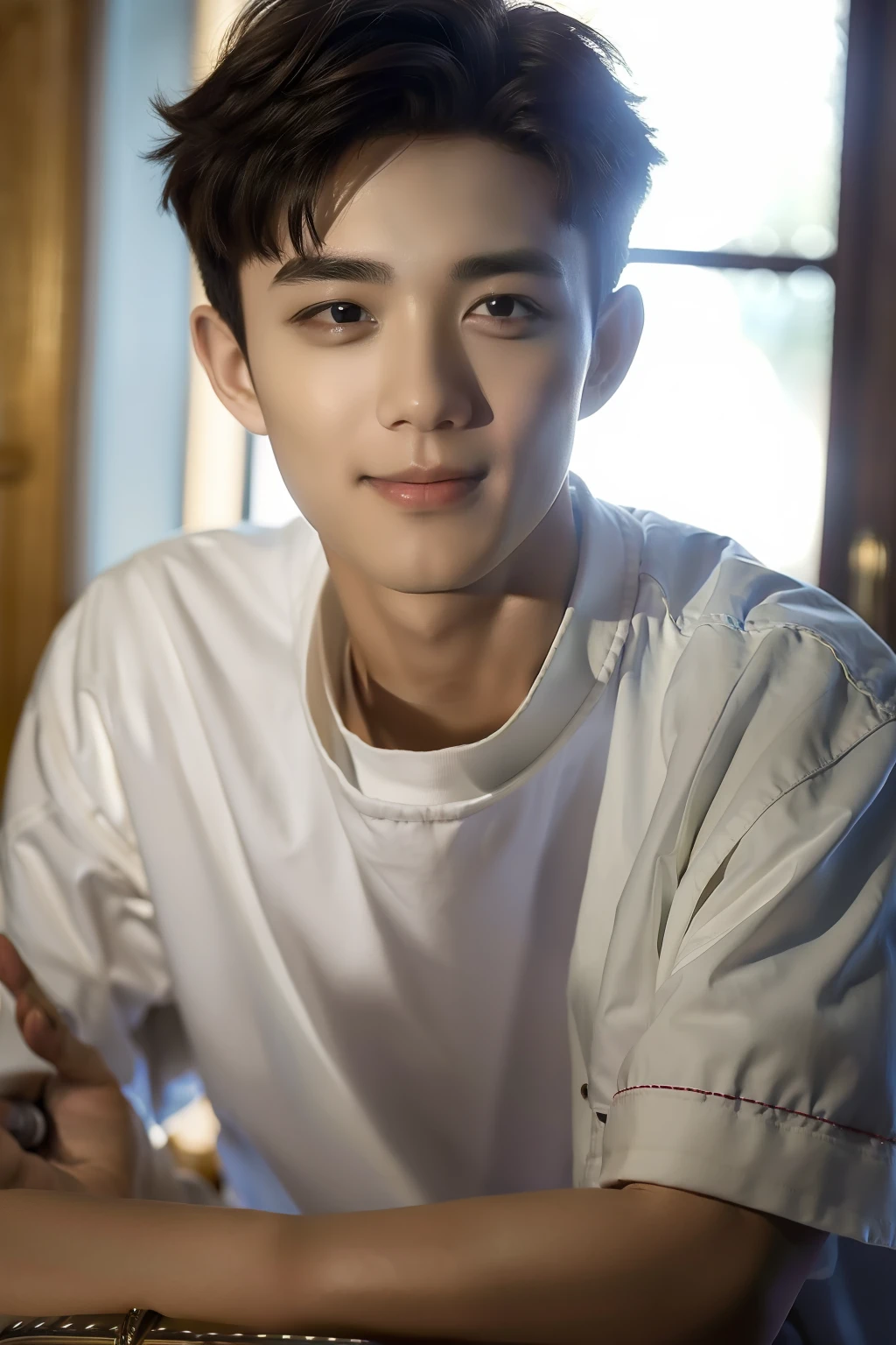 Best quality, Masterpiece, (Photorealistic:1.4), ung man,age 22, ultra highest detailed face,Solo,Smile,Hands delicately depicted, Short hair, Big eyes, short- sleeved, The upper part of the body, Dramatic lighting