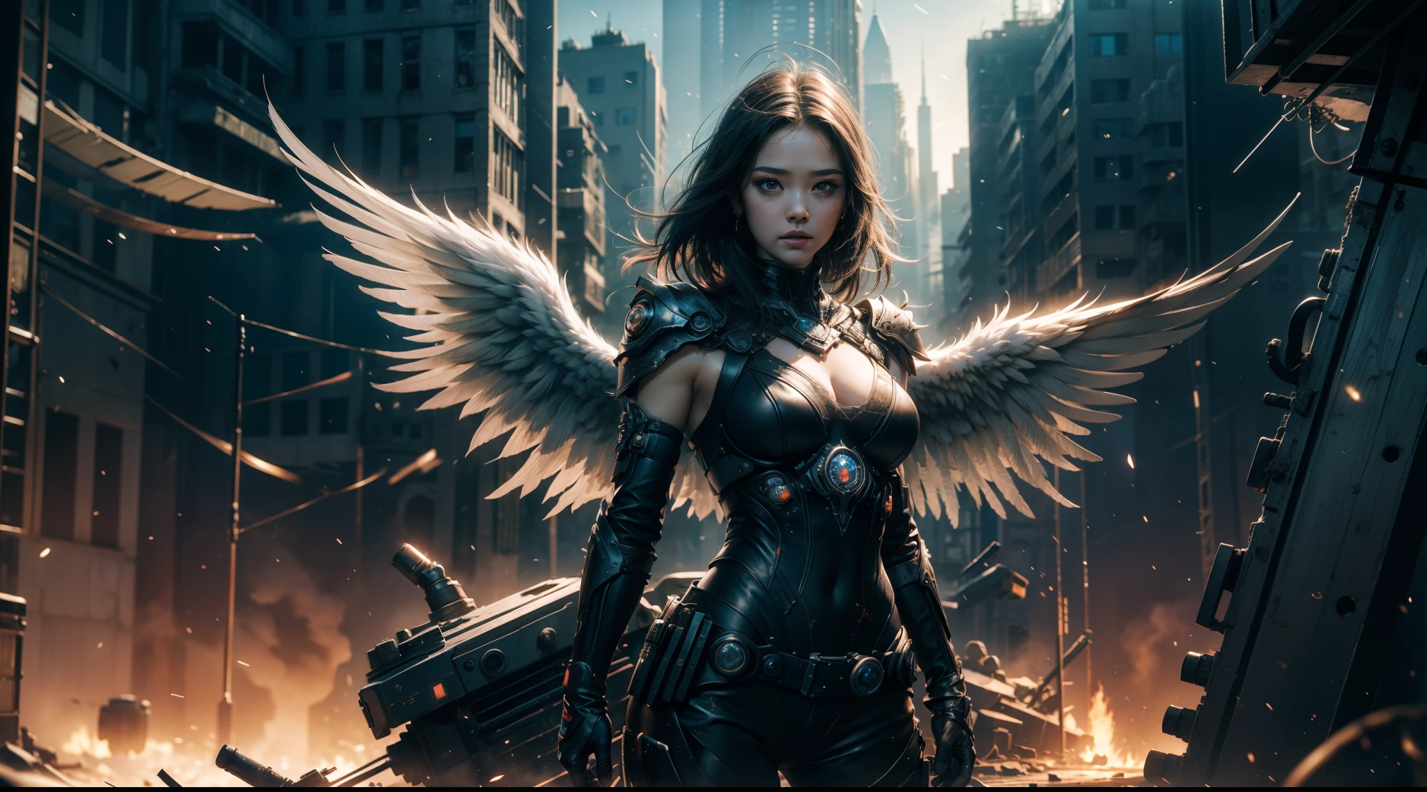 （（best qualtiy））， （（tmasterpiece））， （（Realistis））， （A detailed）， （realisticlying：1.5），illusory engine， (High detail: 1.9)，（femele：1.4），（big breasts beautiful： 1.4),(carismatic:1.3)， （Large breasts）， Female angel，Black feathered wings，beuaty girl，beauitful face， looking at viewert， dynamicposes， postapocalyptic， Destroyed city background， scientific fiction， hdr， Ray traching， NVIDIA RTX， Hyper-Resolution， Unreal 5， sub surface scattering， PBR textures， Post-processing， Anisotropic filtering， depth of fields， Maximum clarity and sharpness， trichotomy，8K original，（Luminous Particle：1.4），（VerydetailedCG，Unity 8k壁纸，cinmatic lighting，lens flare glow），Reflectors，Sharp focus，