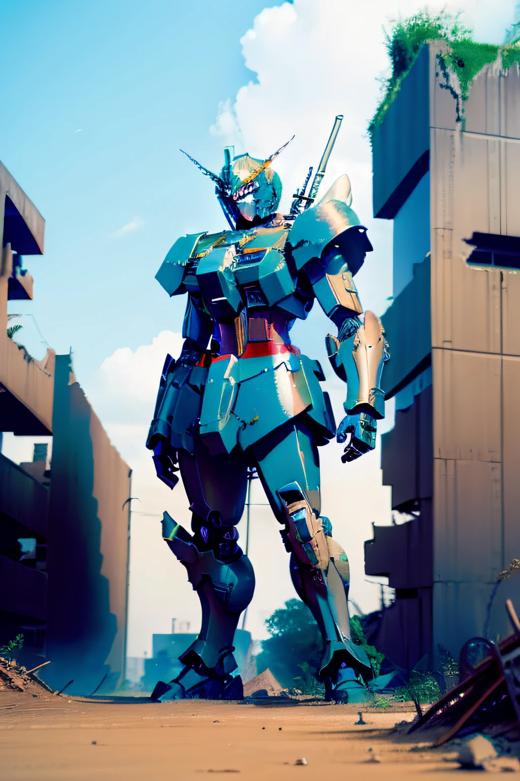 The broken Gundam still stands, guarding the last remaining humans under the ruins