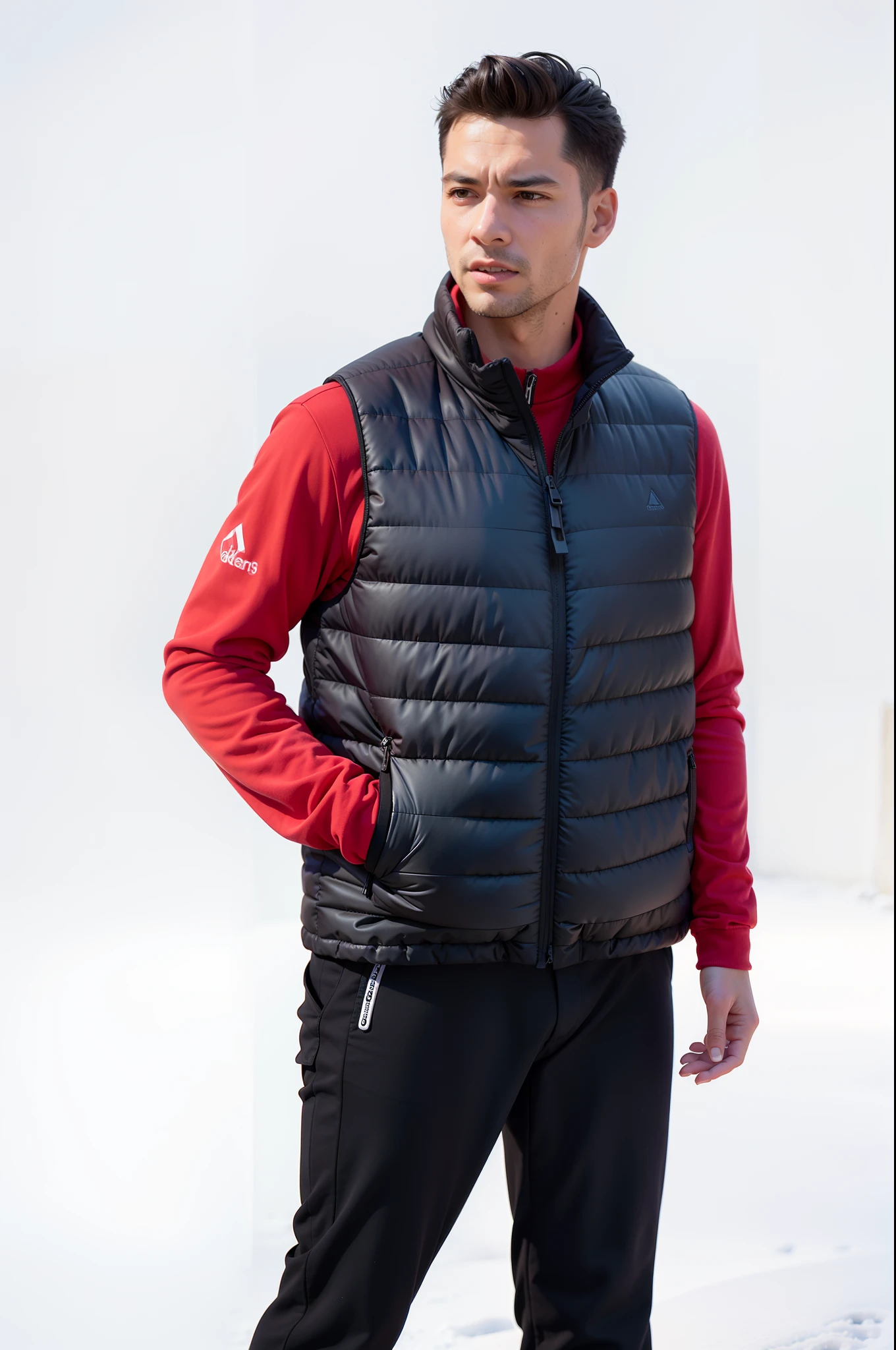 The Arad man in a red shirt and black pants stands at the foot of a snowy mountain,model is wearing techtical vest, nanocarbon-vest, full product shot, product introduction photos, technical vest, vest, wearing a red gilet, Wearing a vest, product image, f / 1 6, f/16, “organic, full subject shown in photo, thumbnail